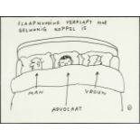KAMAGURKA (1956) 'Slaaphouding verklapt hoe gelukkig koppel is', a drawing, pen on paper. (21 x 16 c