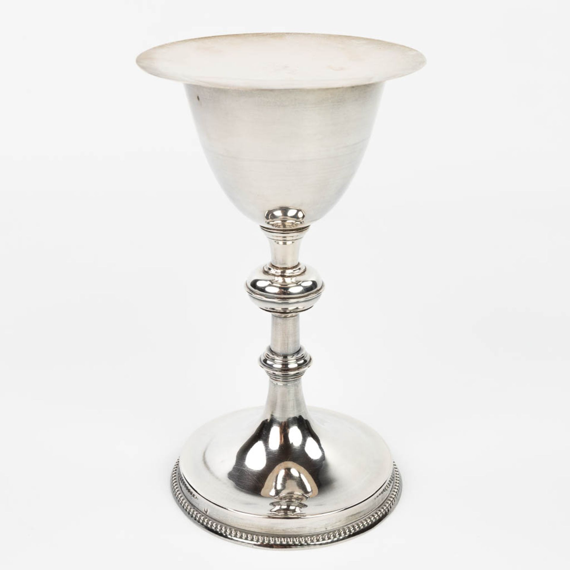 A French gothic revival silver chalice, with a paten and spoon. (H:21cm) - Image 3 of 11