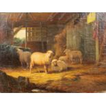 Jef Louis VAN LEEMPUTTEN (1865-1948) 'Sheep in the barn' a painting, oil on canvas. (50 x 40 cm)