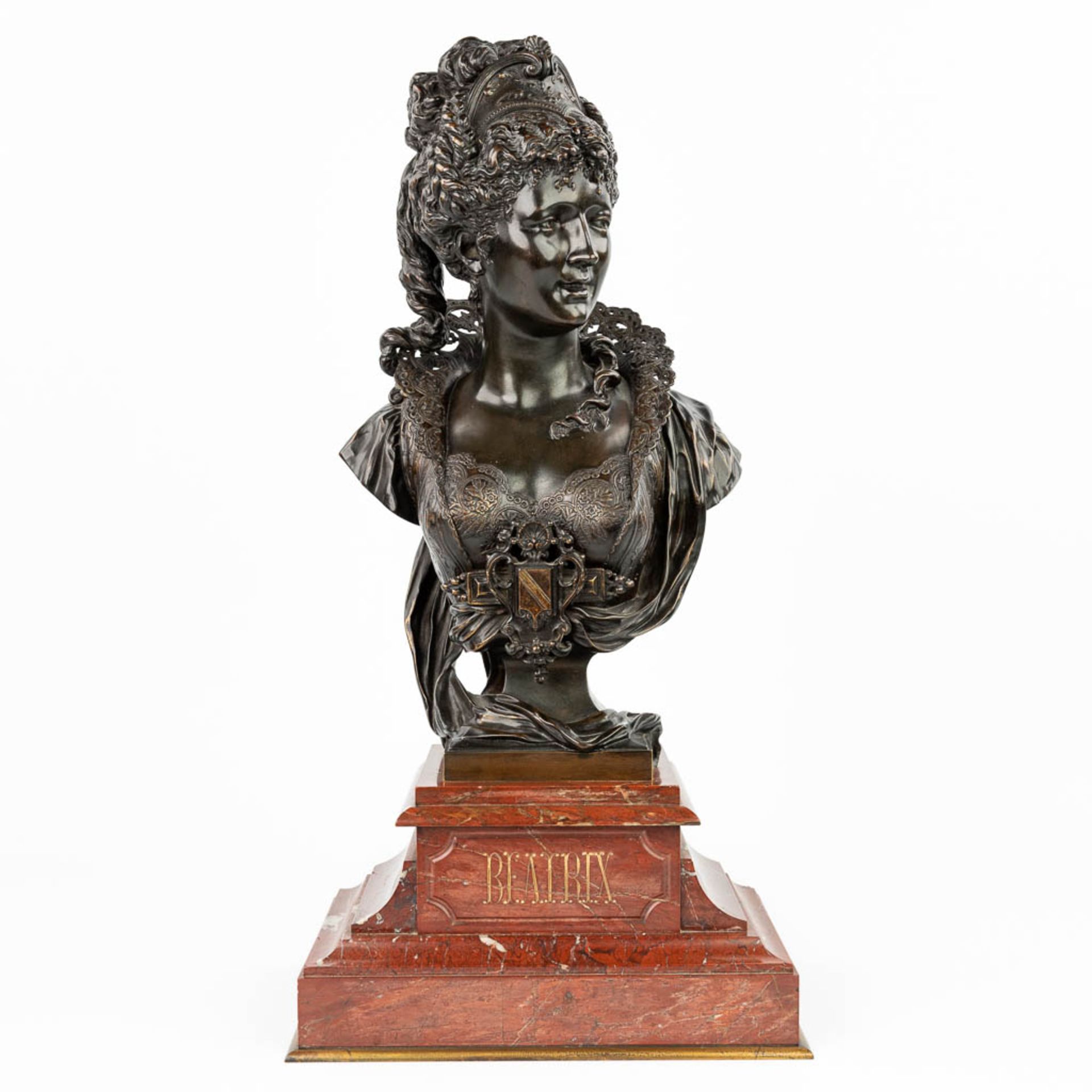 Paul DUBOIS (1829-1905) 'Beatrix' a bronze bust, mounted on a red marble base. (H:59cm) - Image 4 of 11