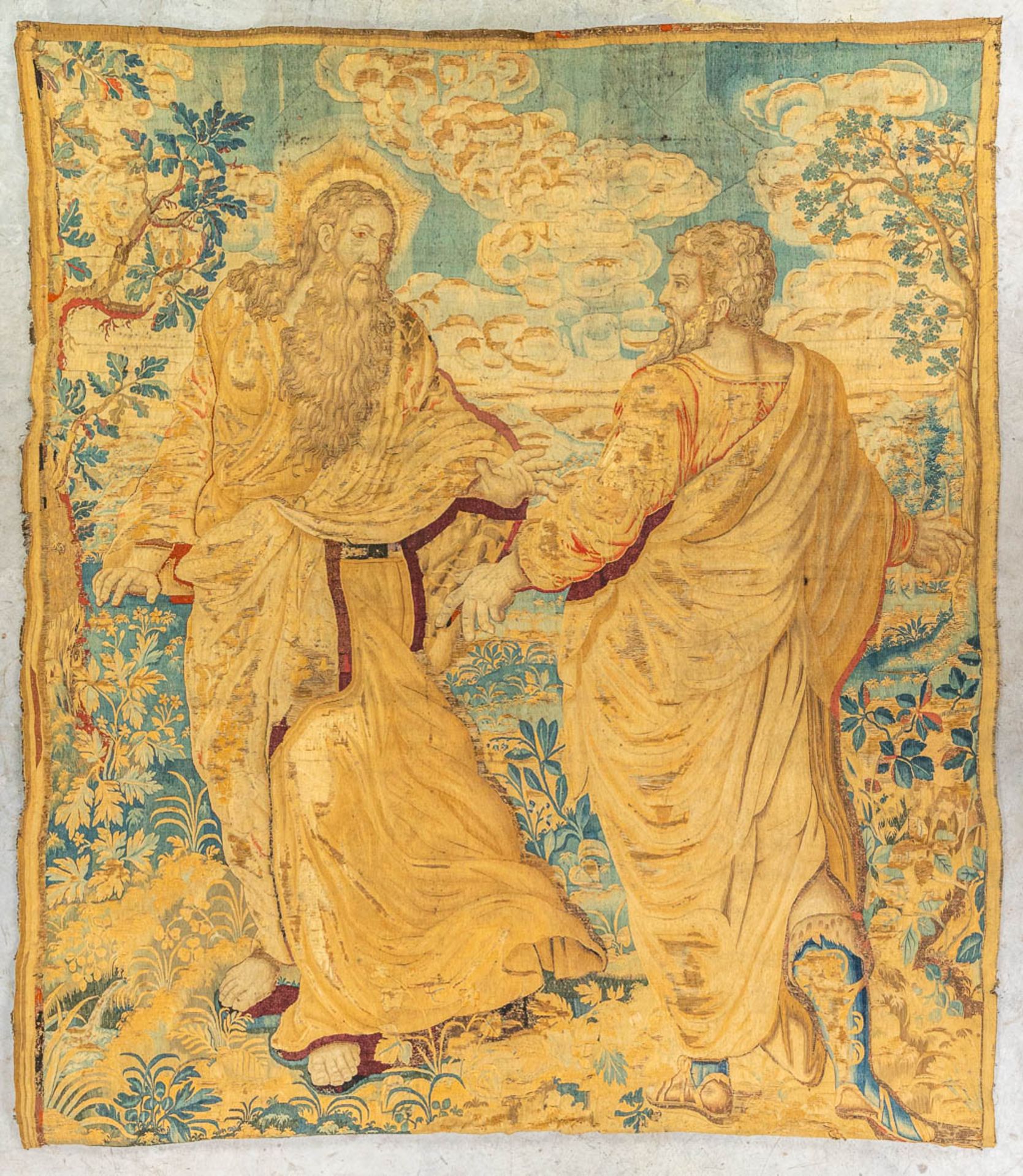 A biblical fragment of a tapestry, with 2 figurines. Made in Flanders. (H:295cm) - Image 2 of 10