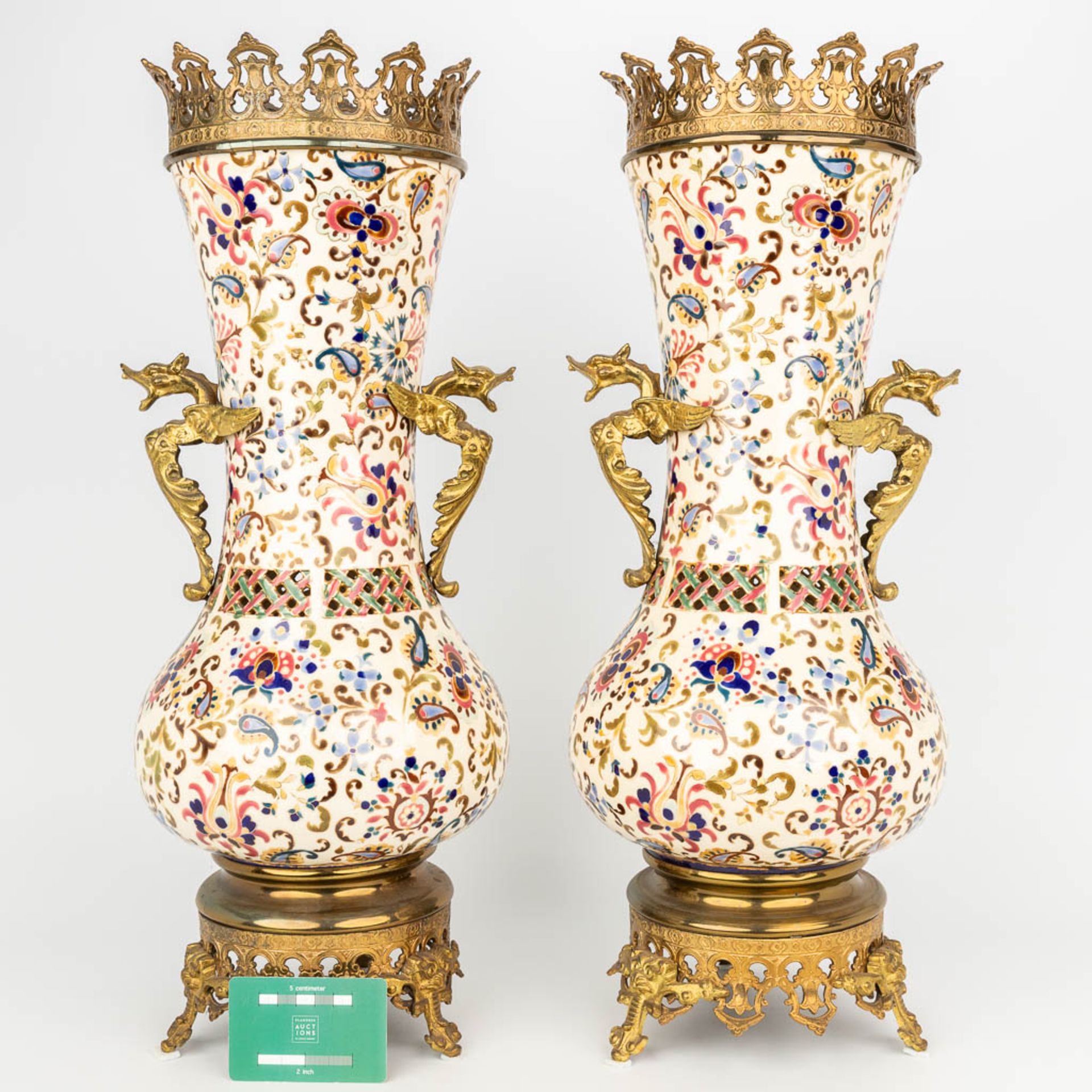 A pair of bronze mounted faience vases marked J. Fischer Budapest, Hungary. (H:54cm) - Image 8 of 12