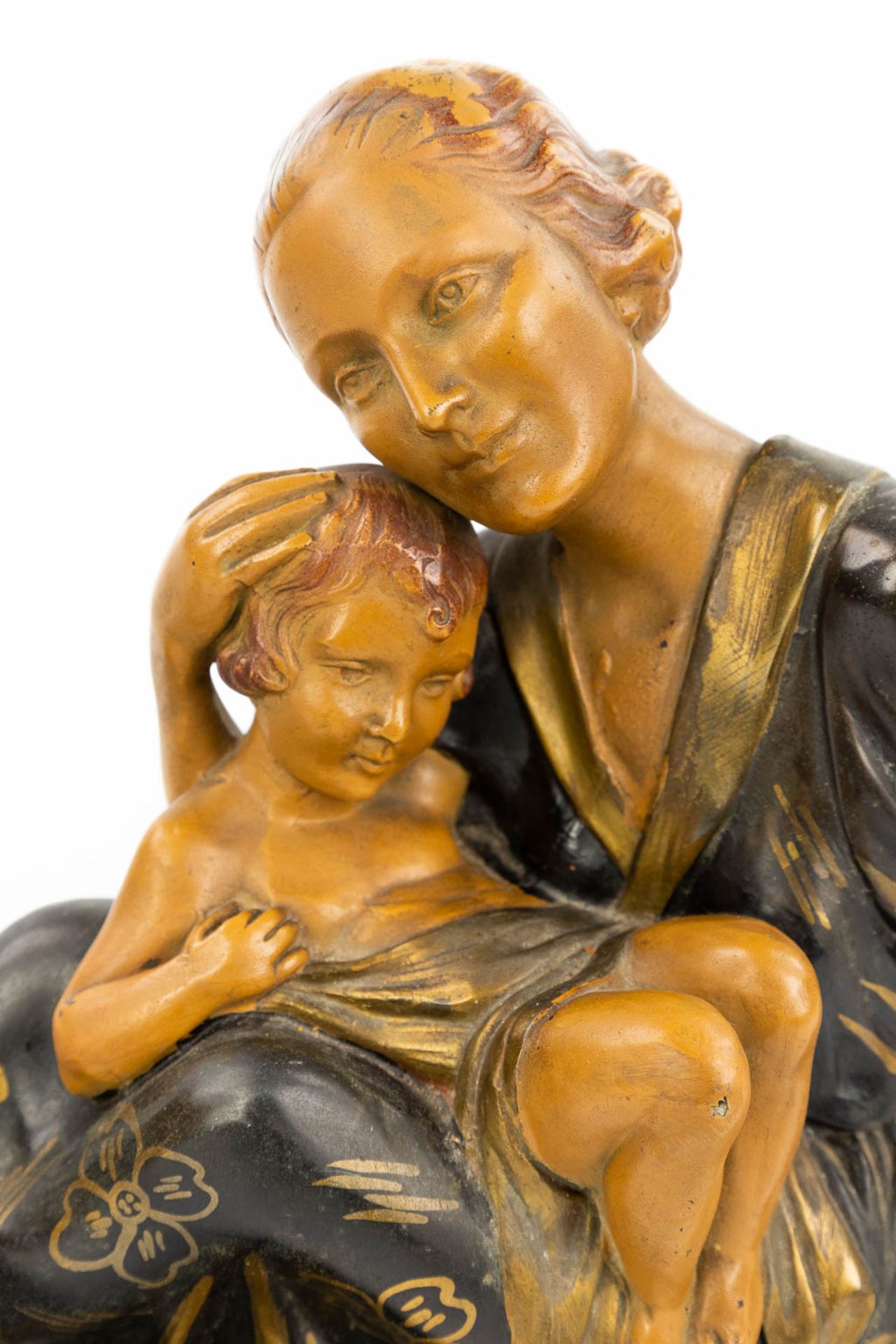 An art deco style statue of a woman with child and her dog, made of spelter and mounted on a marble - Image 11 of 12