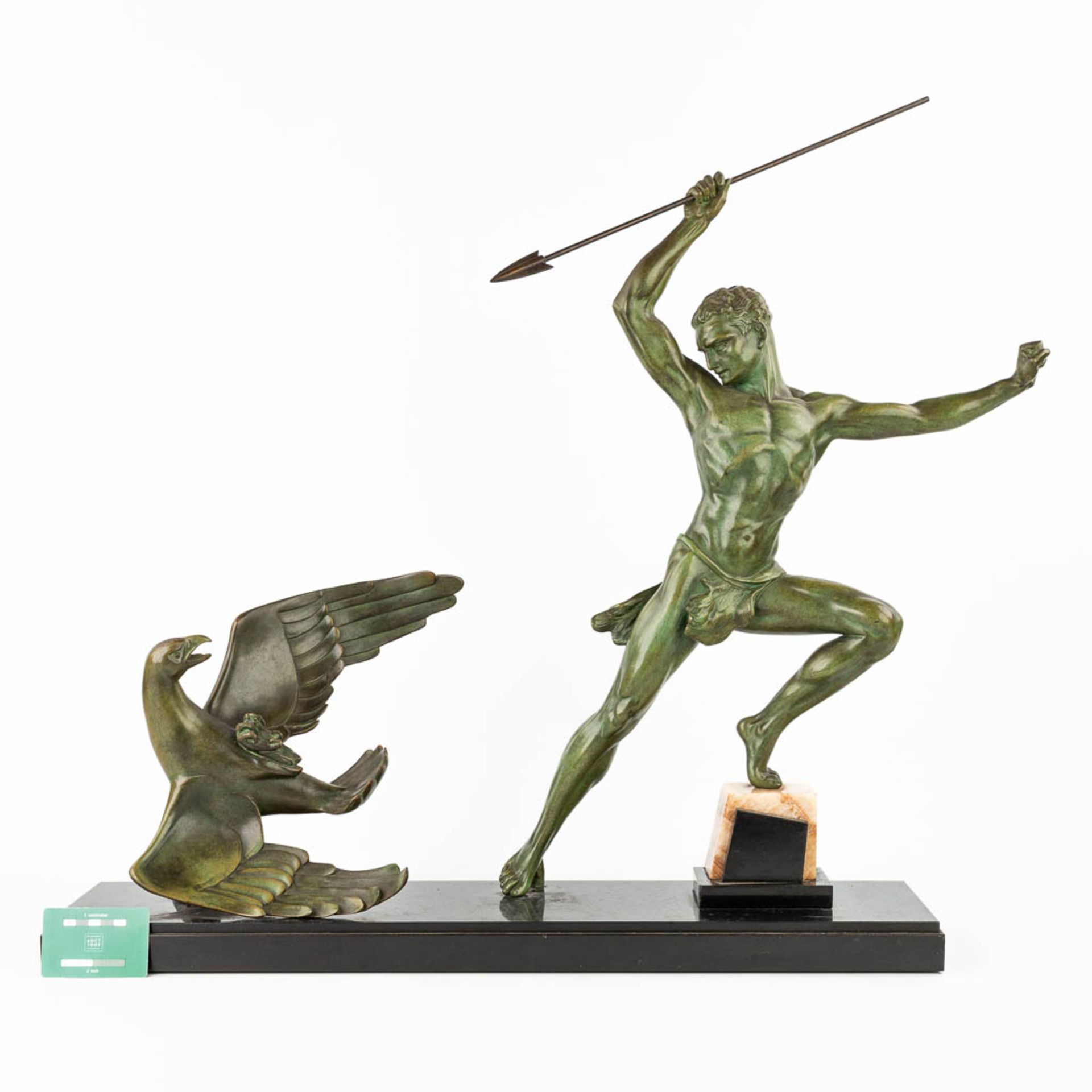 Jean DE RONCOURT (XIX-XX) 'Hunter with eagle', an art deco statue made of spelter. (H:66cm) - Image 3 of 10