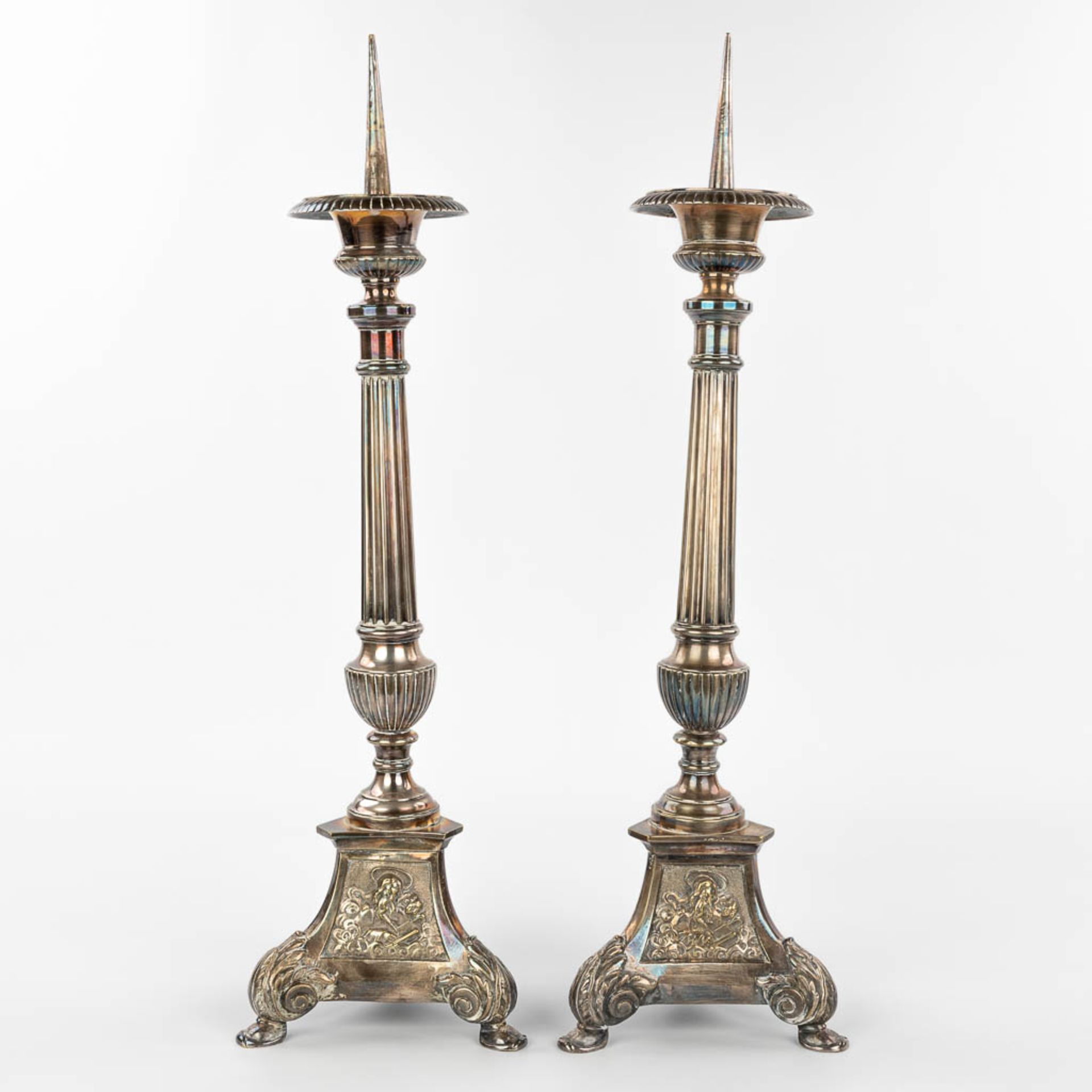 A pair of silver-plated candlesticks decorated with images of holy figurines. (H:59cm) - Image 9 of 11