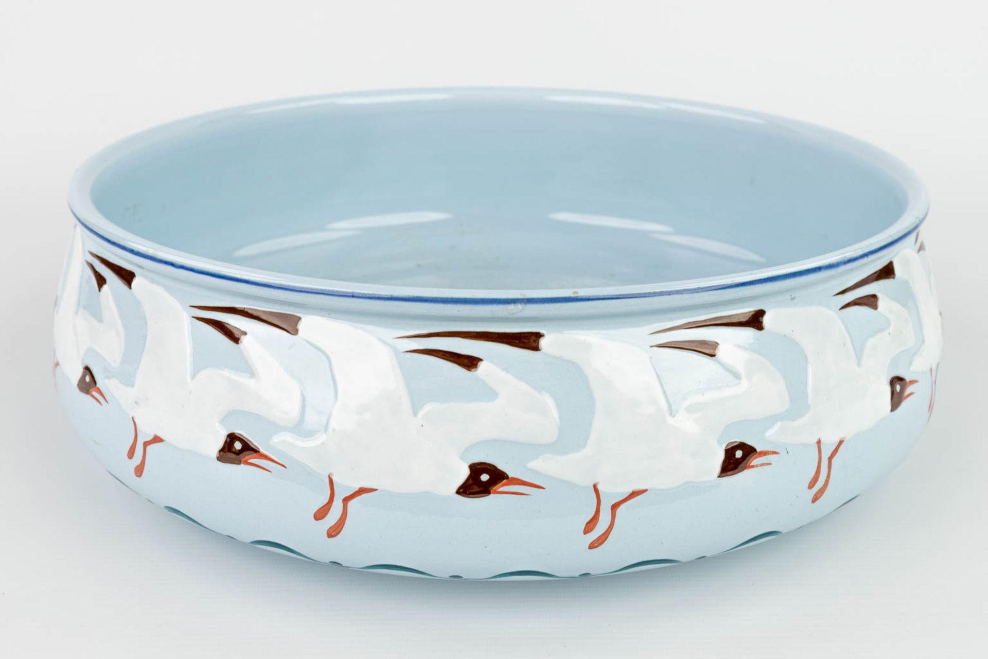 A jug and bowl made in art nouveau style with blue glaze and decorated with seagulls. Marked Sarregu - Image 16 of 20