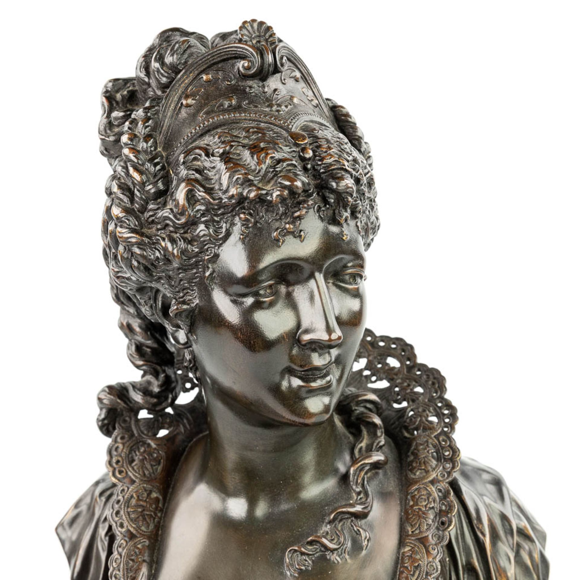 Paul DUBOIS (1829-1905) 'Beatrix' a bronze bust, mounted on a red marble base. (H:59cm) - Image 11 of 11