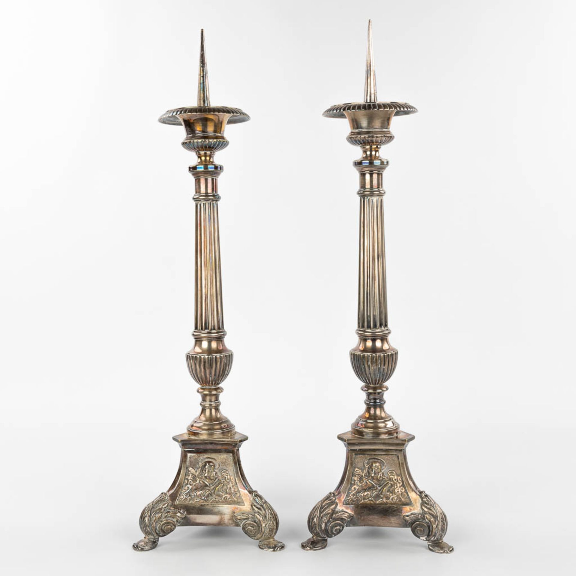 A pair of silver-plated candlesticks decorated with images of holy figurines. (H:59cm) - Image 8 of 11
