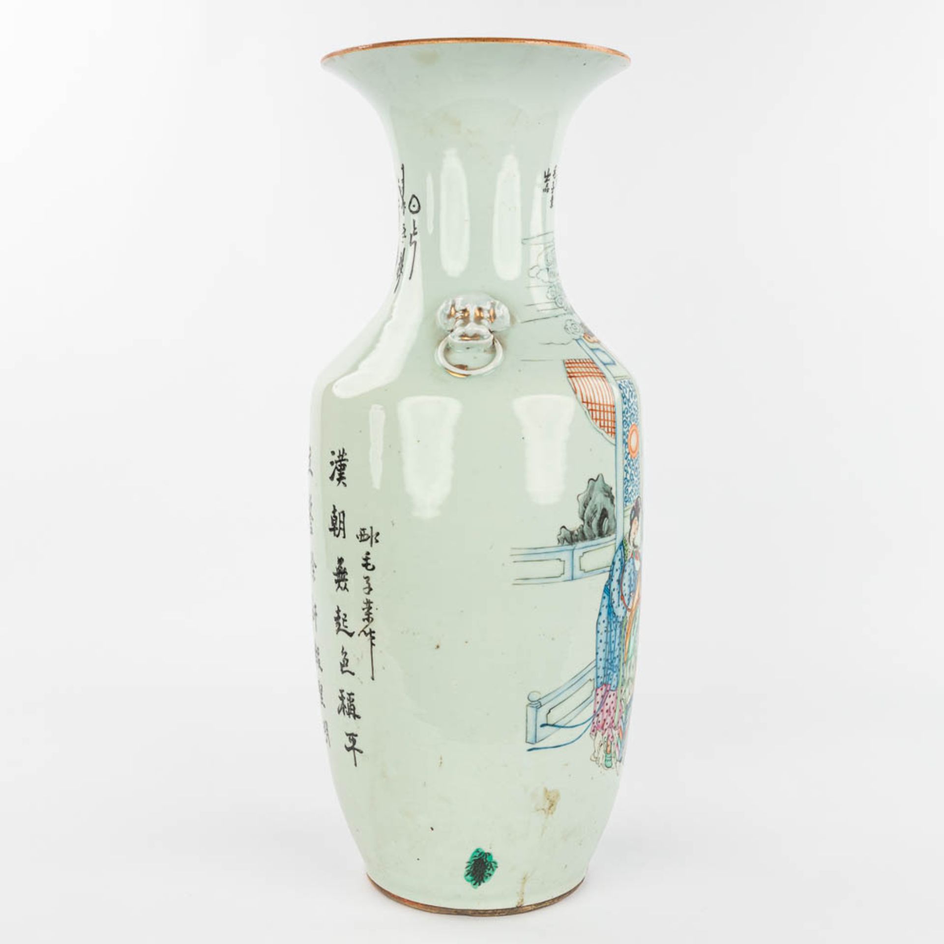 A Chinese vase made of porcelain and decorated with a temple scne and calligraphic texts. (H:57cm) - Image 2 of 12