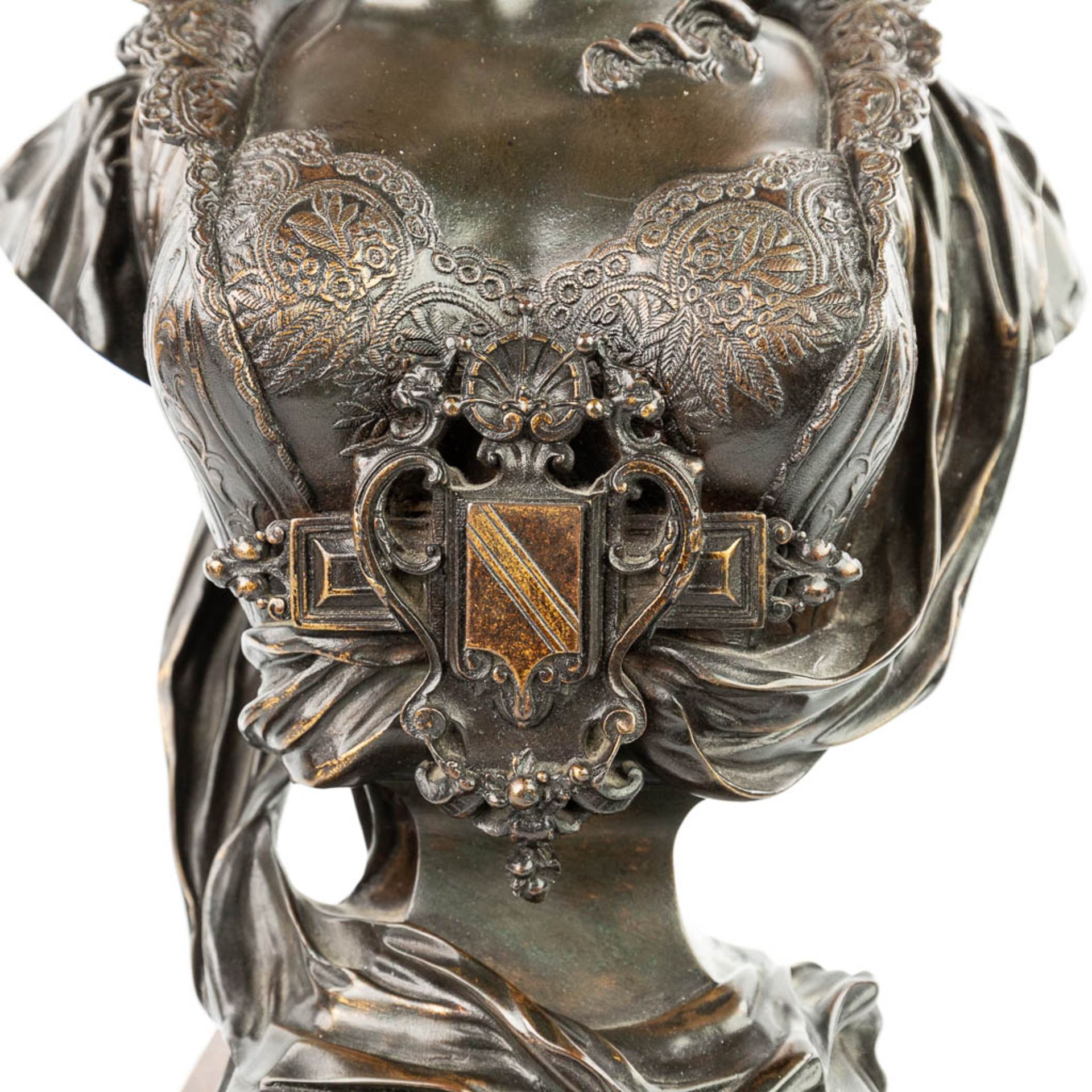 Paul DUBOIS (1829-1905) 'Beatrix' a bronze bust, mounted on a red marble base. (H:59cm) - Image 10 of 11