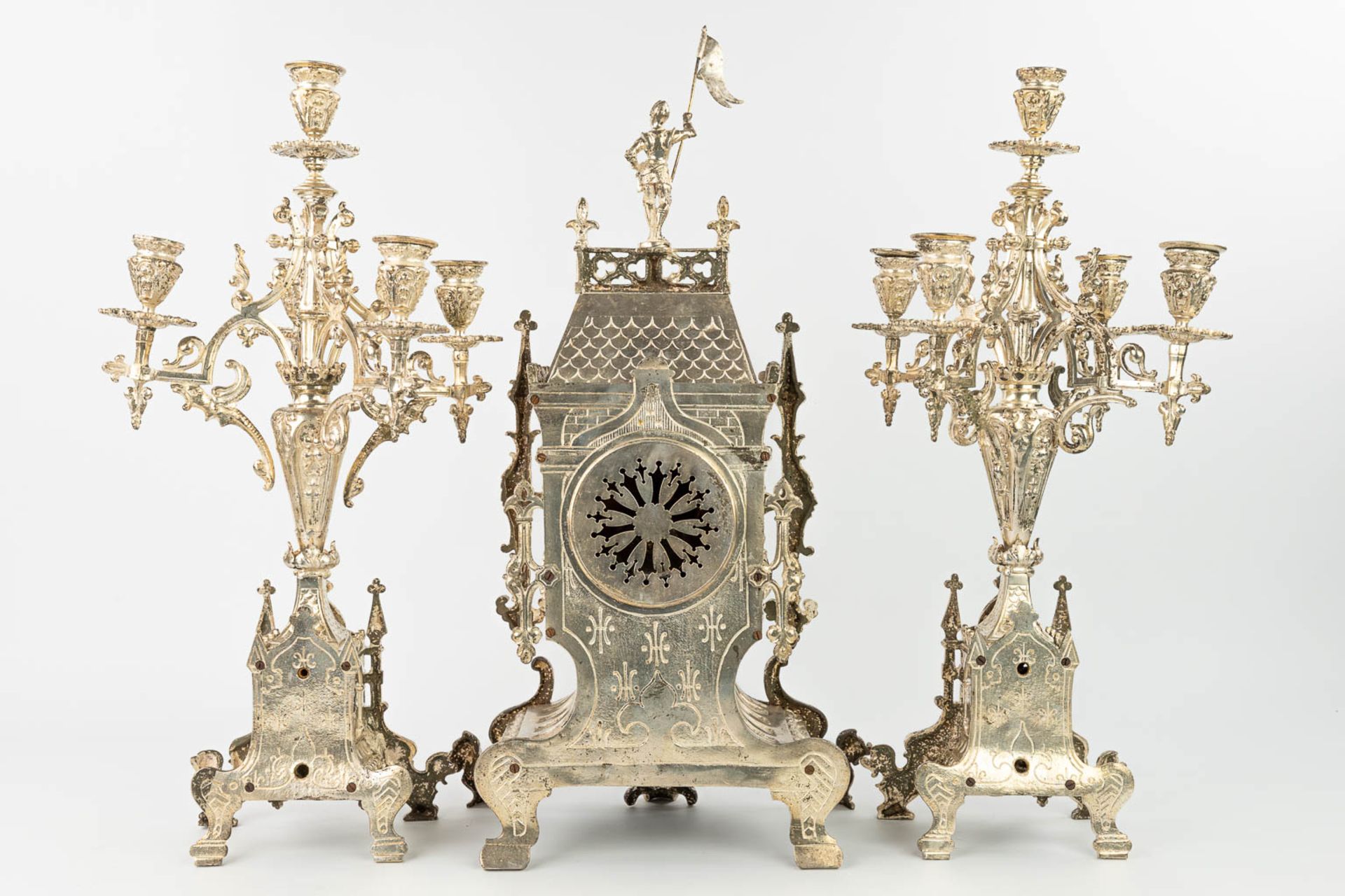 A three-piece garniture clock with candelabra, made of silver-plated bronze in gothic revival style. - Image 18 of 18