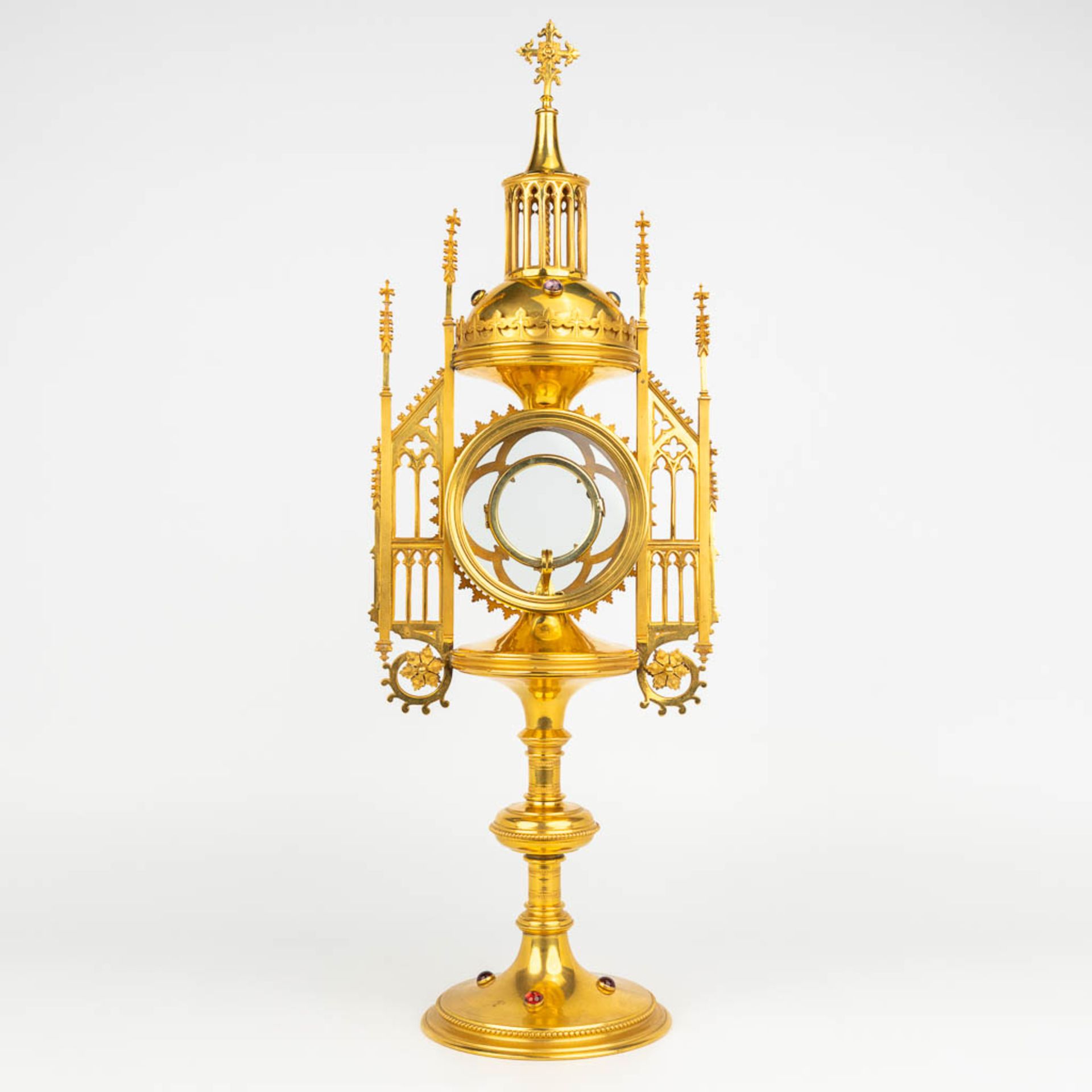 An antique tower monstrance, gothic revival and decorated with cabochons. (H:54,5cm) - Bild 6 aus 14