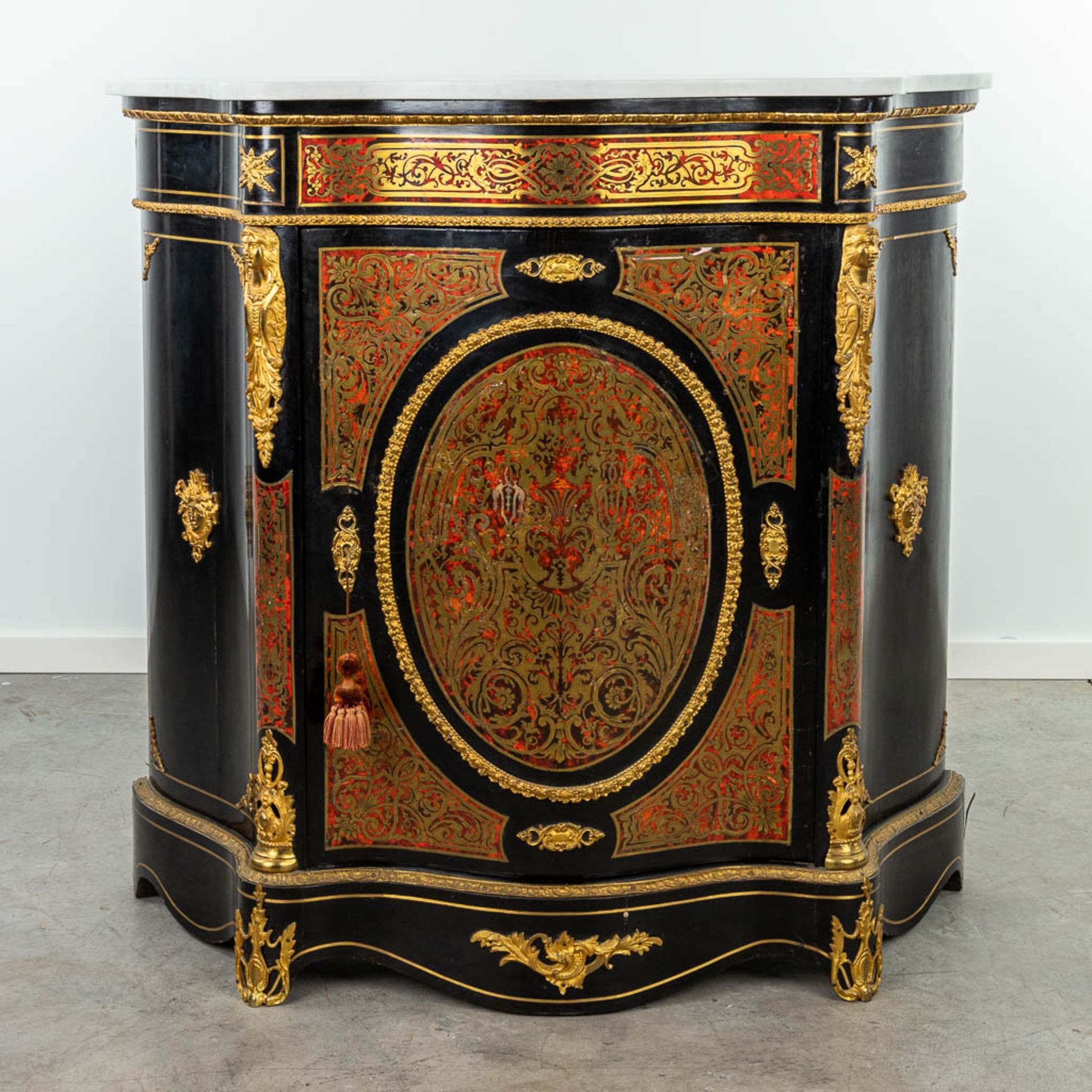 A cabinet with marble top made in Napoleon 3 style, mounted with bronze and finished with boulle tor - Image 12 of 17
