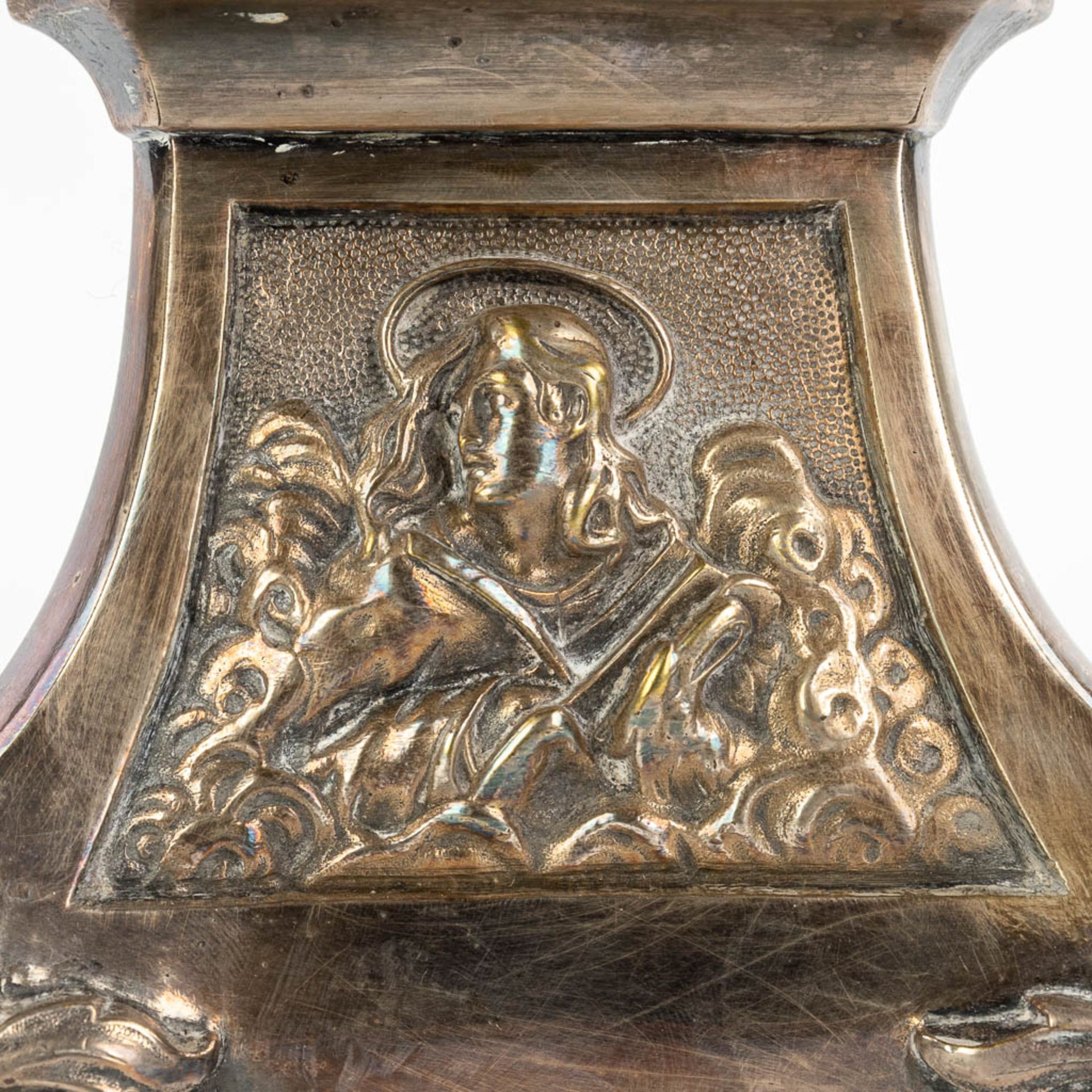 A pair of silver-plated candlesticks decorated with images of holy figurines. (H:59cm) - Image 6 of 11