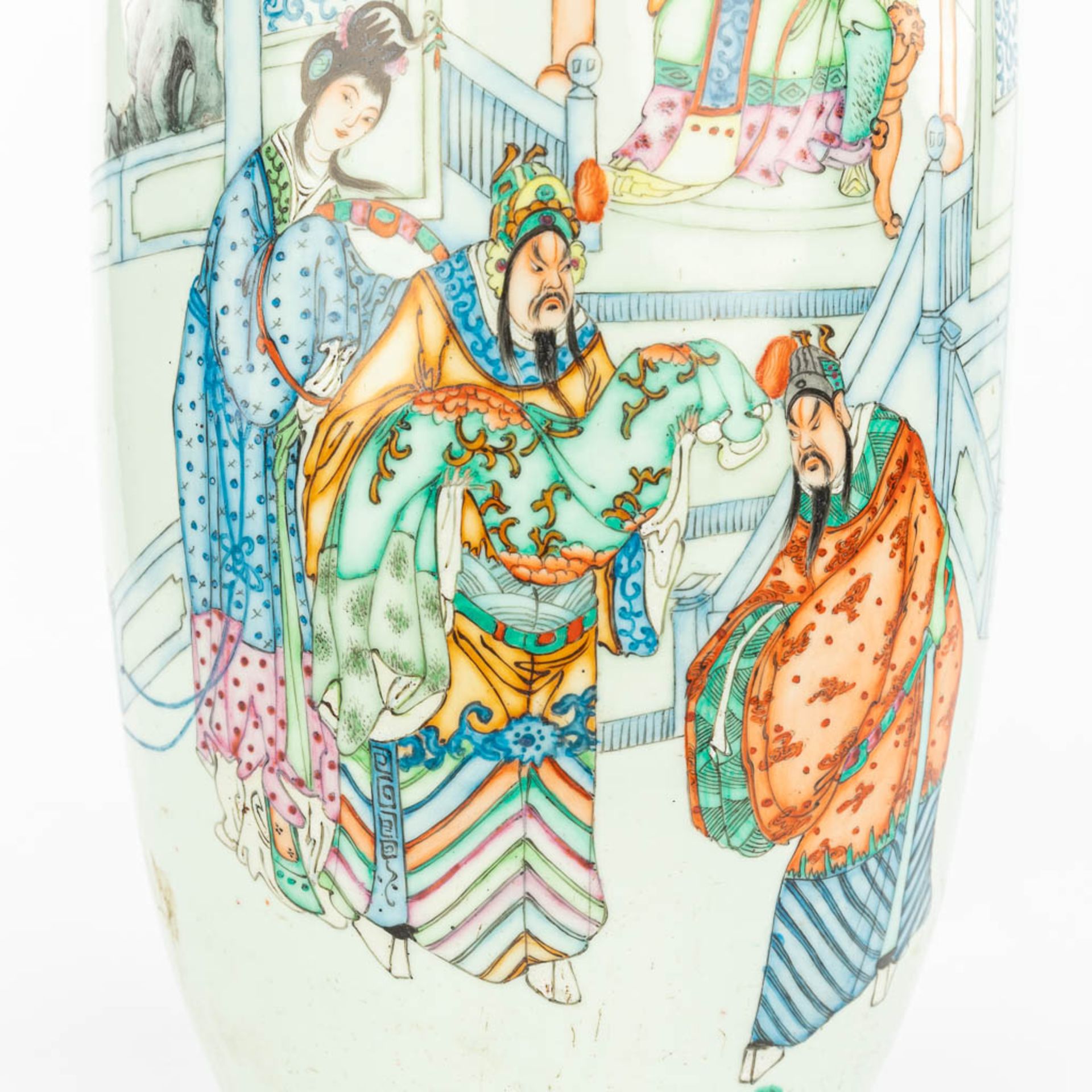 A Chinese vase made of porcelain and decorated with a temple scne and calligraphic texts. (H:57cm) - Image 6 of 12