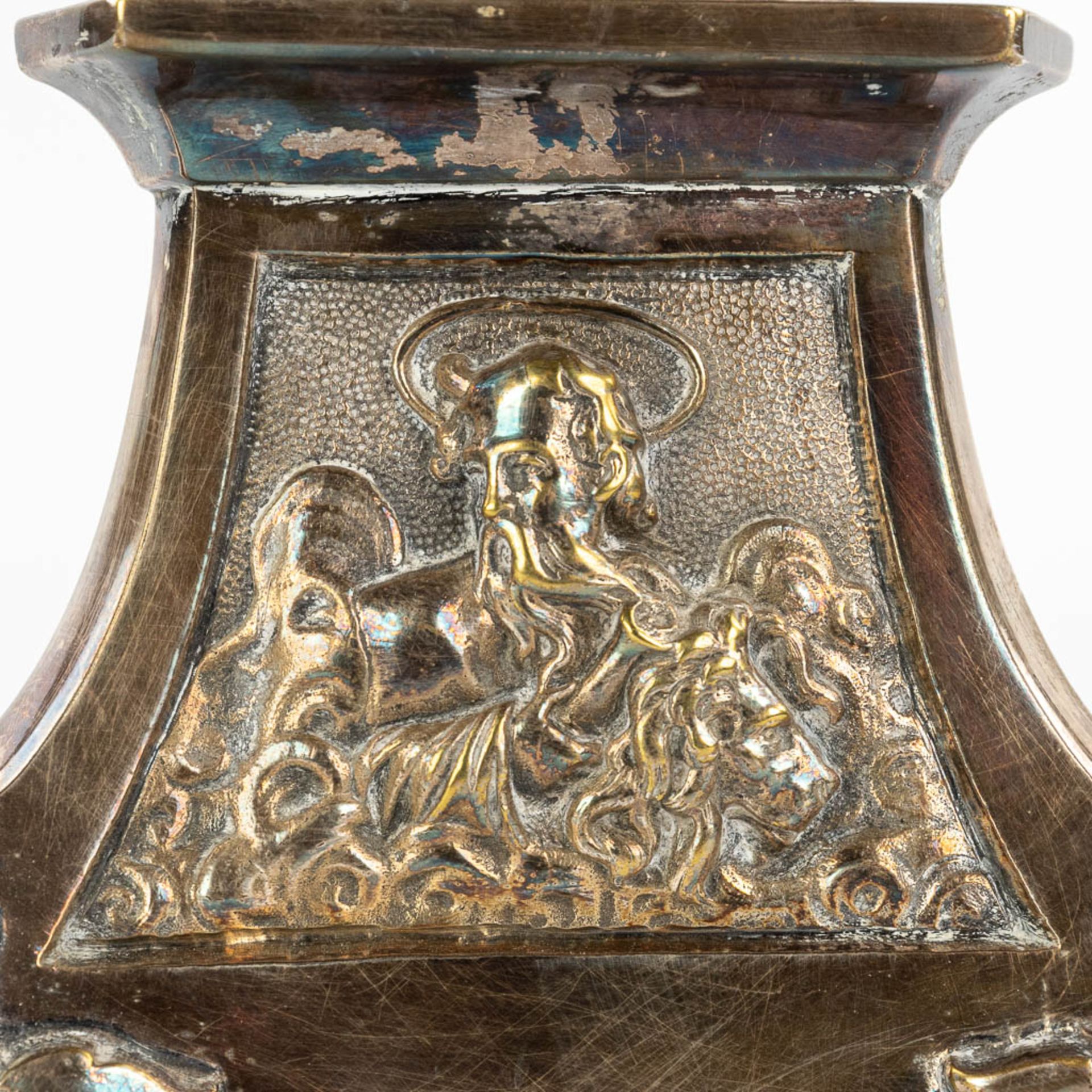A pair of silver-plated candlesticks decorated with images of holy figurines. (H:59cm) - Image 10 of 11
