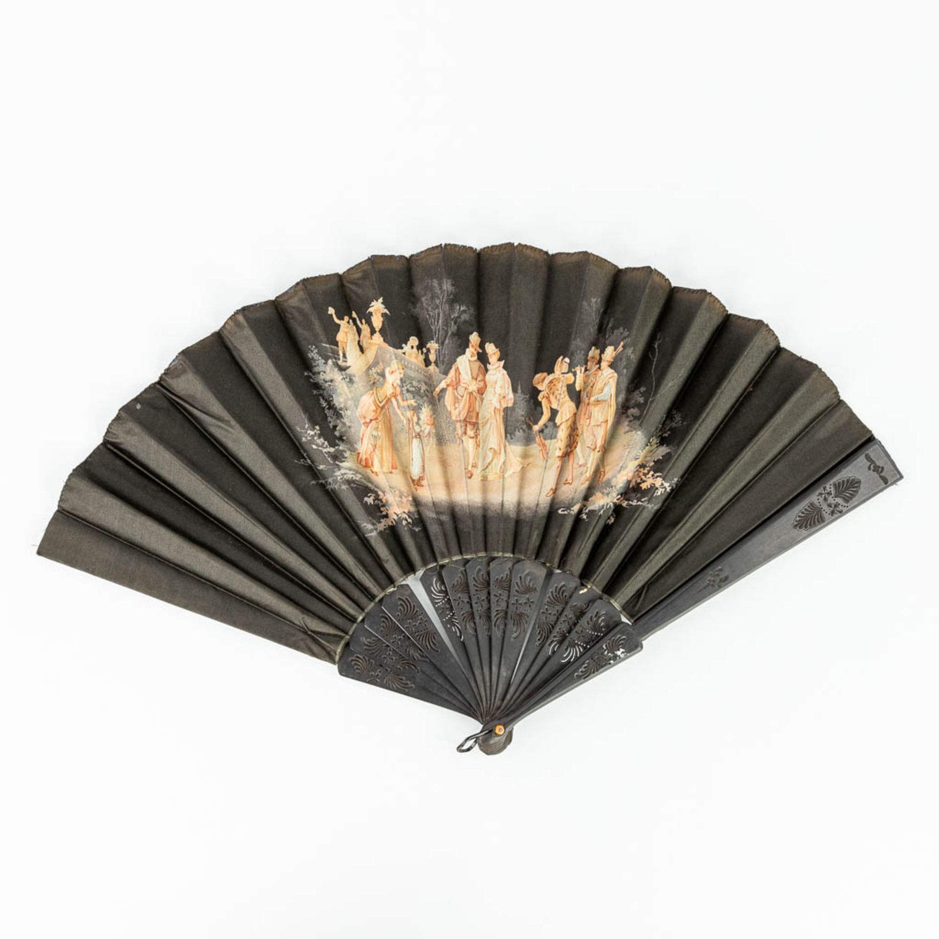 An antique hand-fan decorated with medieval scnes, made of silk. (H:35cm)
