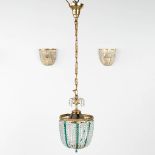 A chandelier made of brass and glass, with 2 wall lamps. (H:35cm)