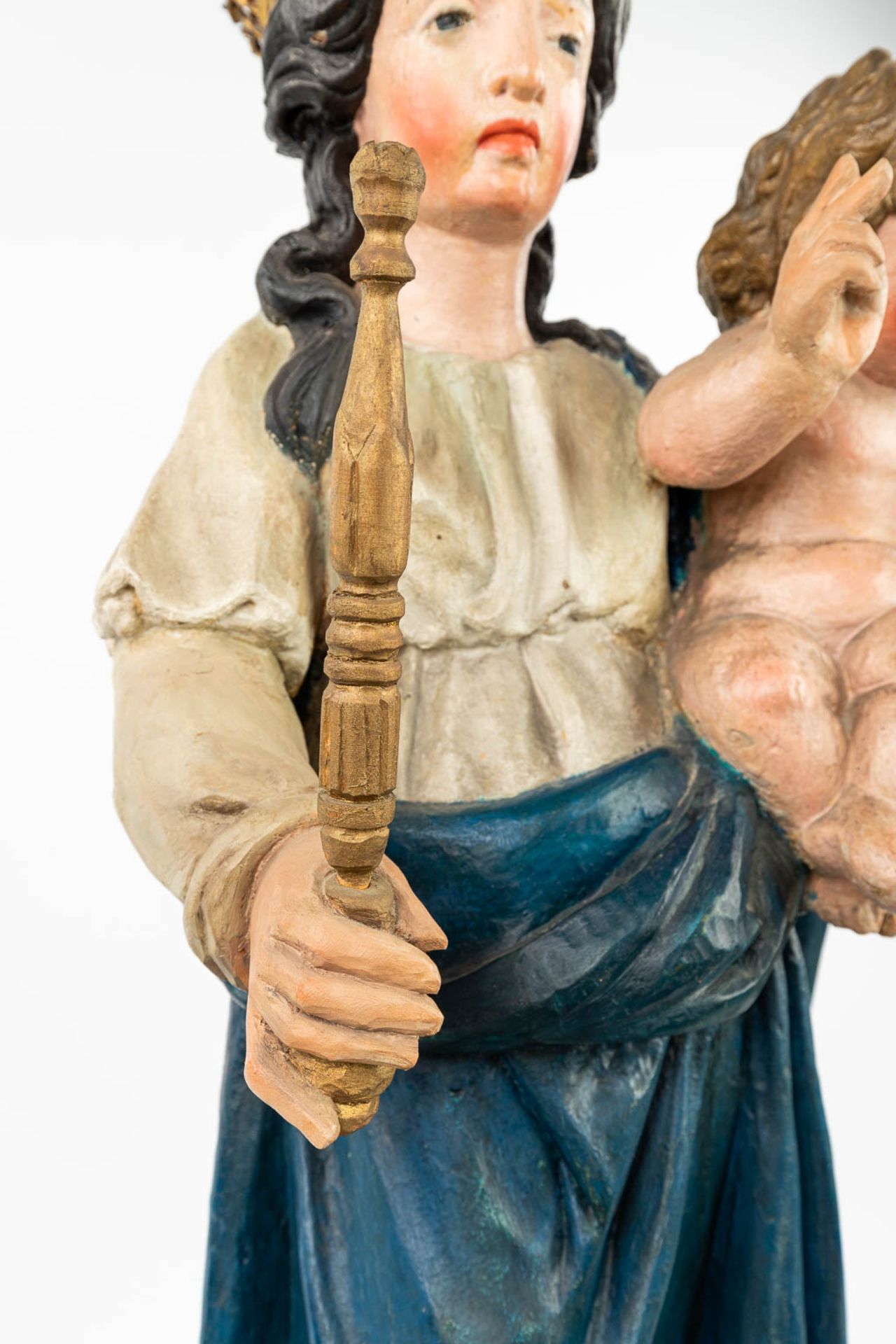 A patinated wood statue of Madonna with a child, standing on the serpent and half-moon. - Image 9 of 18