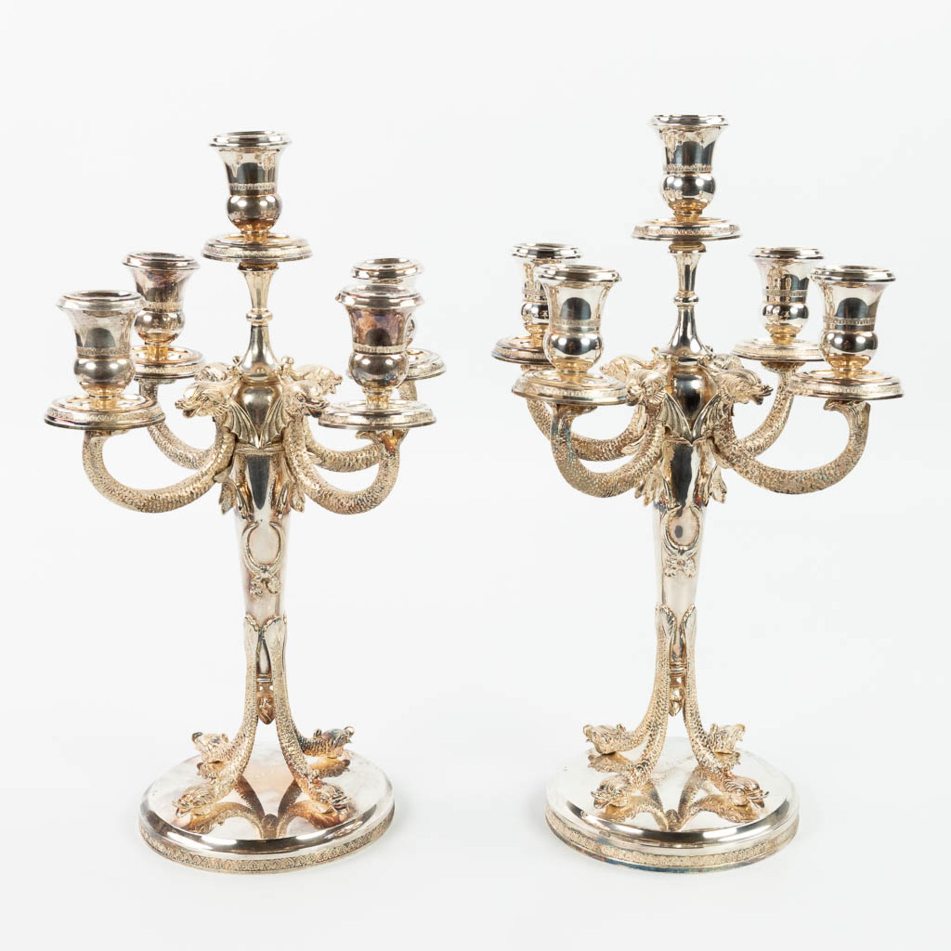 A pair of silver candelabra, decorated with mythological figurines. (H:41cm) - Image 11 of 13