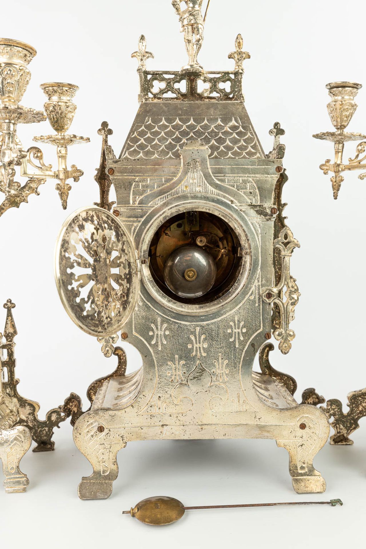 A three-piece garniture clock with candelabra, made of silver-plated bronze in gothic revival style. - Image 10 of 18
