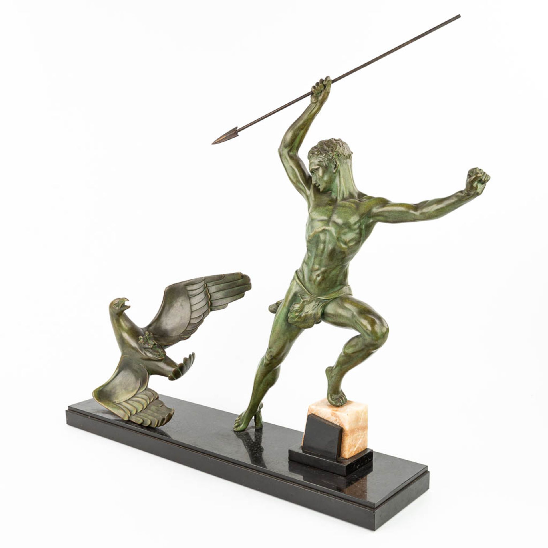 Jean DE RONCOURT (XIX-XX) 'Hunter with eagle', an art deco statue made of spelter. (H:66cm) - Image 9 of 10
