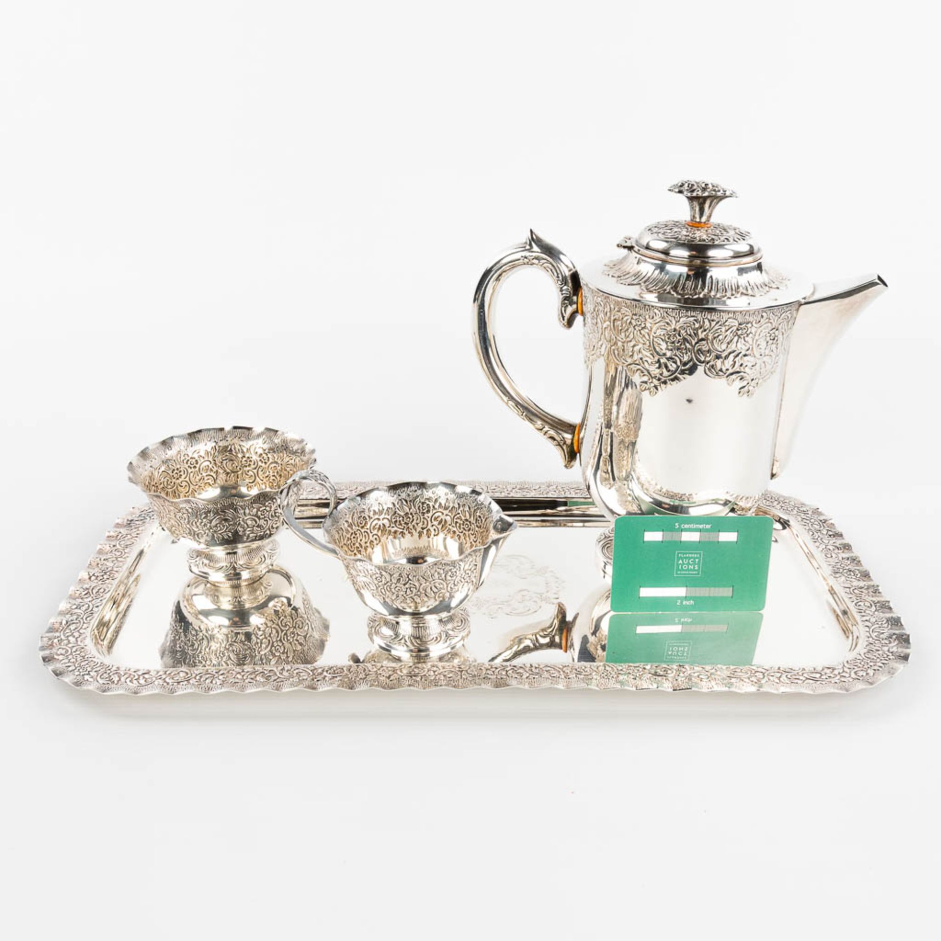 A silver-plated coffee service on a platter with sugar pot, coffee pot and milk jug. (H:22cm) - Image 2 of 18