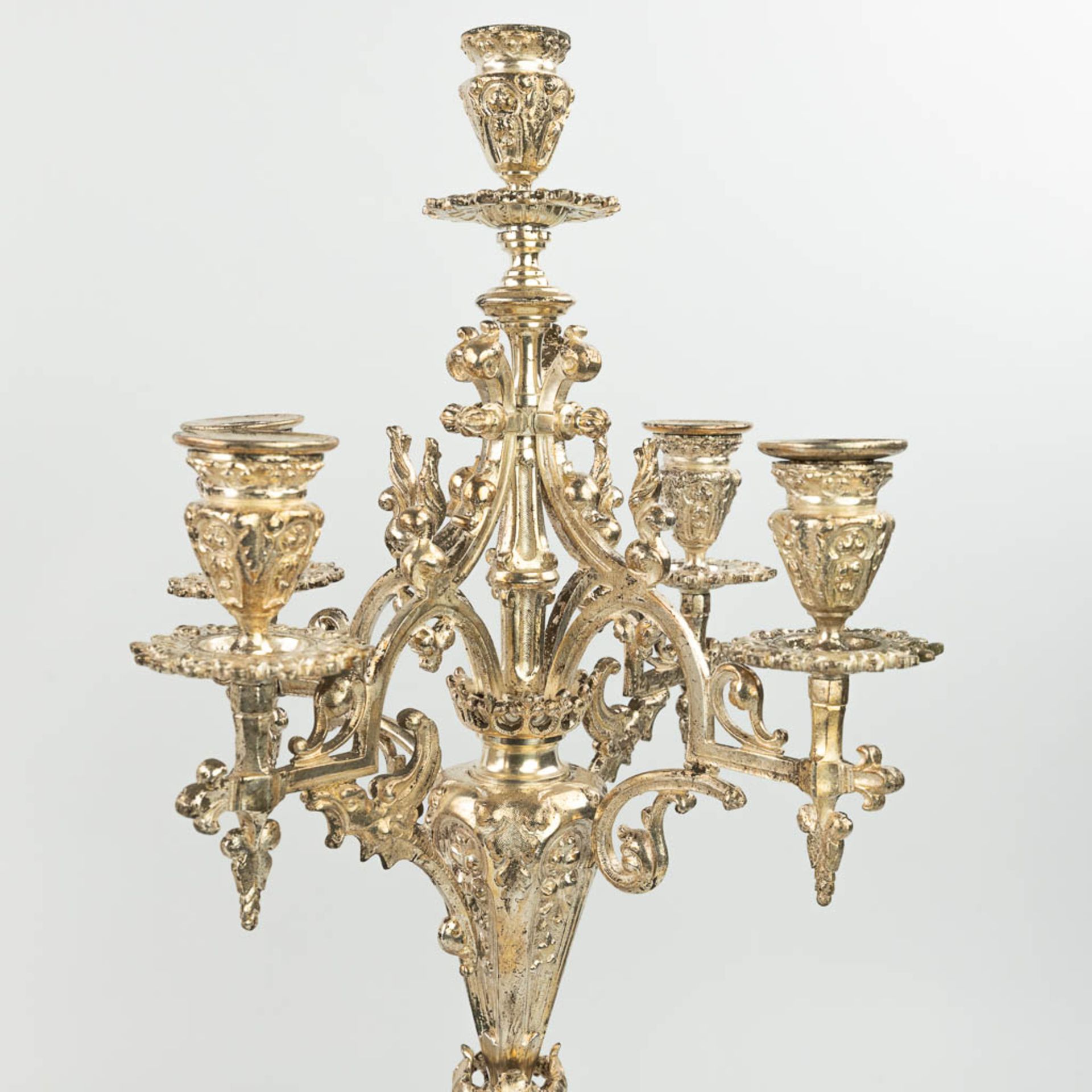 A three-piece garniture clock with candelabra, made of silver-plated bronze in gothic revival style. - Image 6 of 18