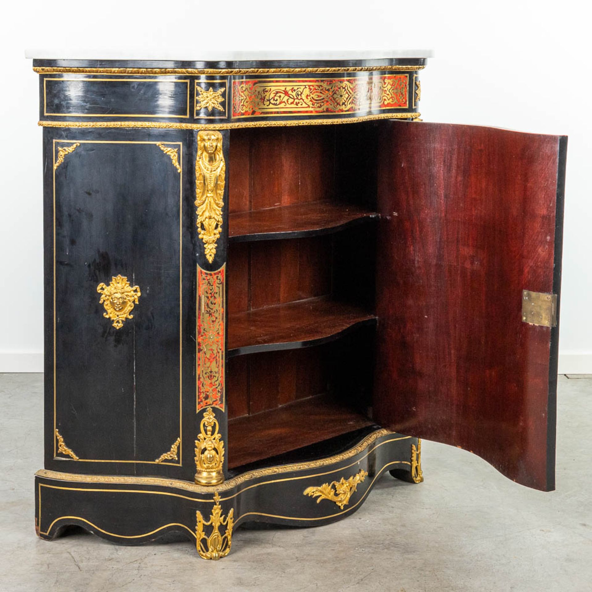 A cabinet with marble top made in Napoleon 3 style, mounted with bronze and finished with boulle tor - Image 7 of 17