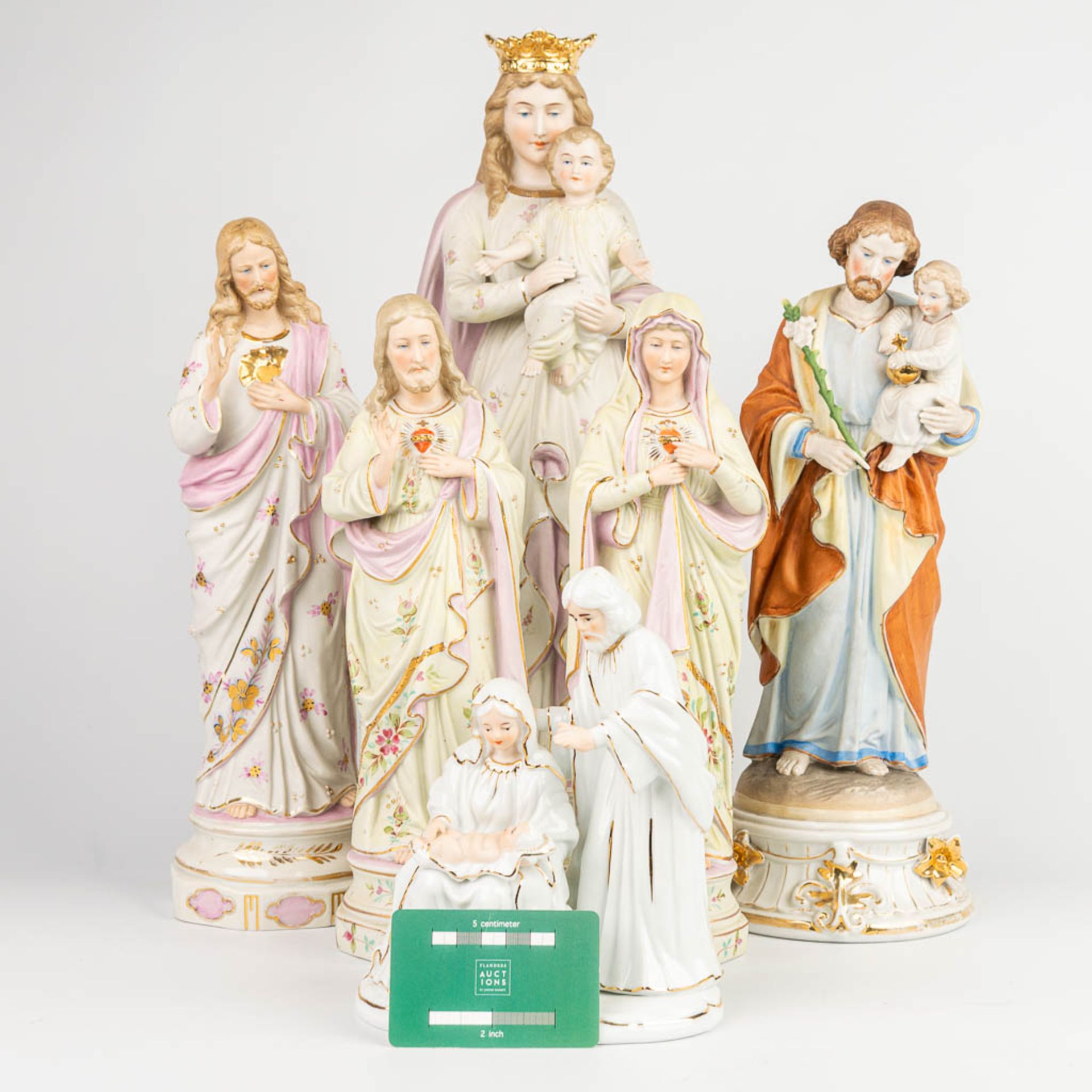 A collection of 6 pieces of polychrome bisque statues of holy figurines. (H:46cm)