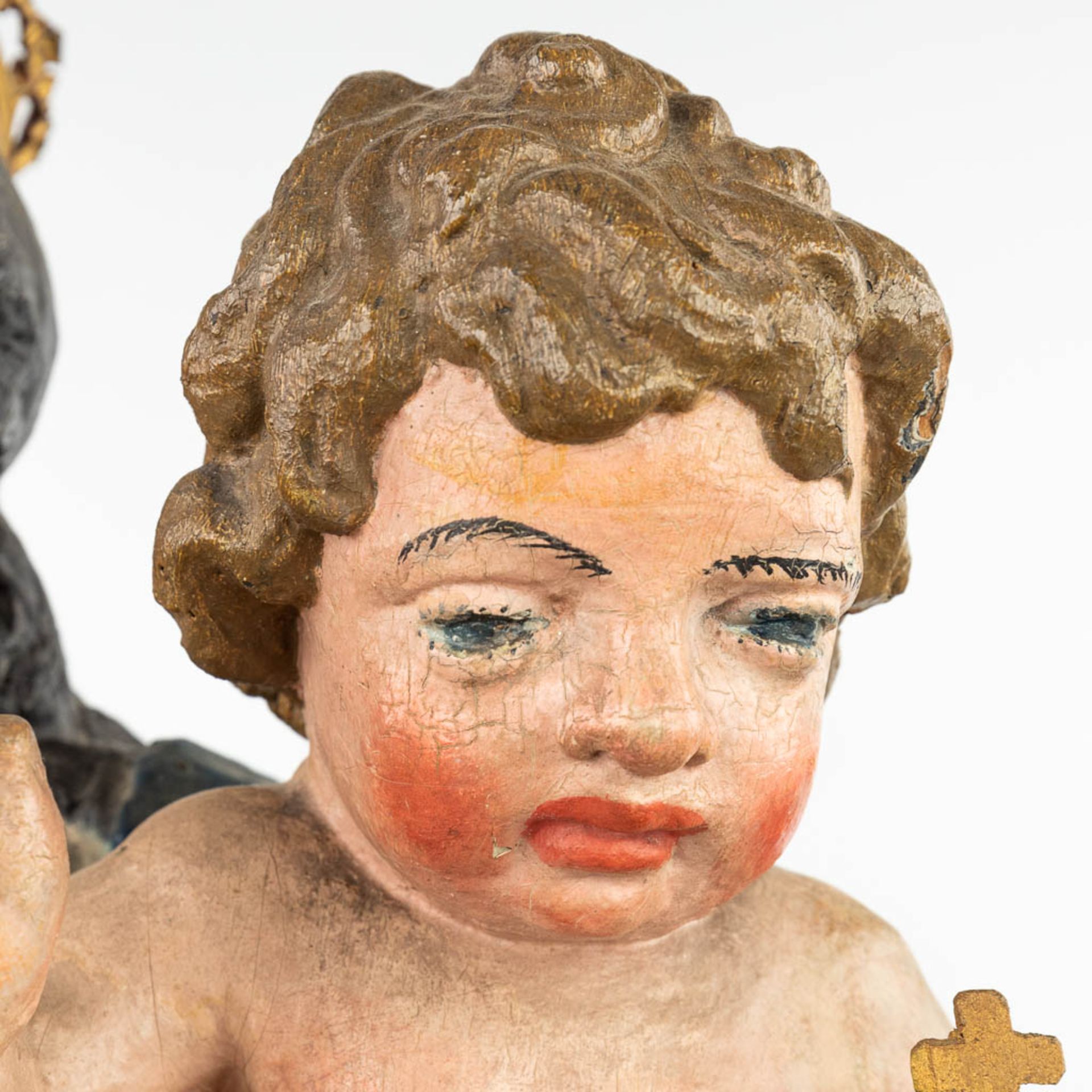 A patinated wood statue of Madonna with a child, standing on the serpent and half-moon. - Image 12 of 18