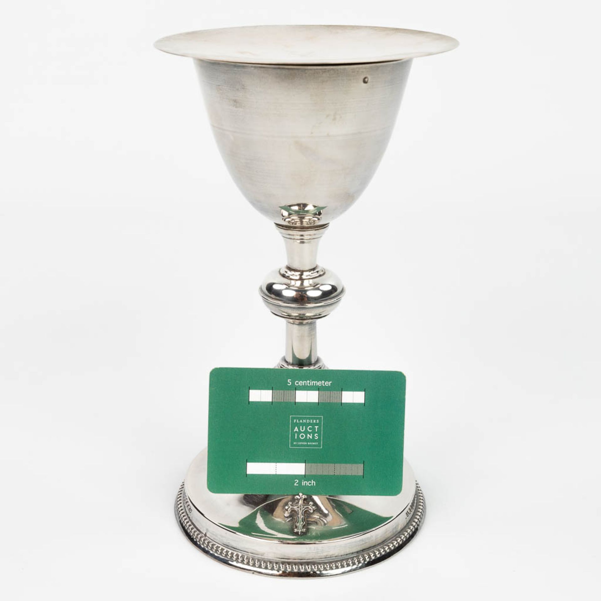 A French gothic revival silver chalice, with a paten and spoon. (H:21cm) - Image 4 of 11