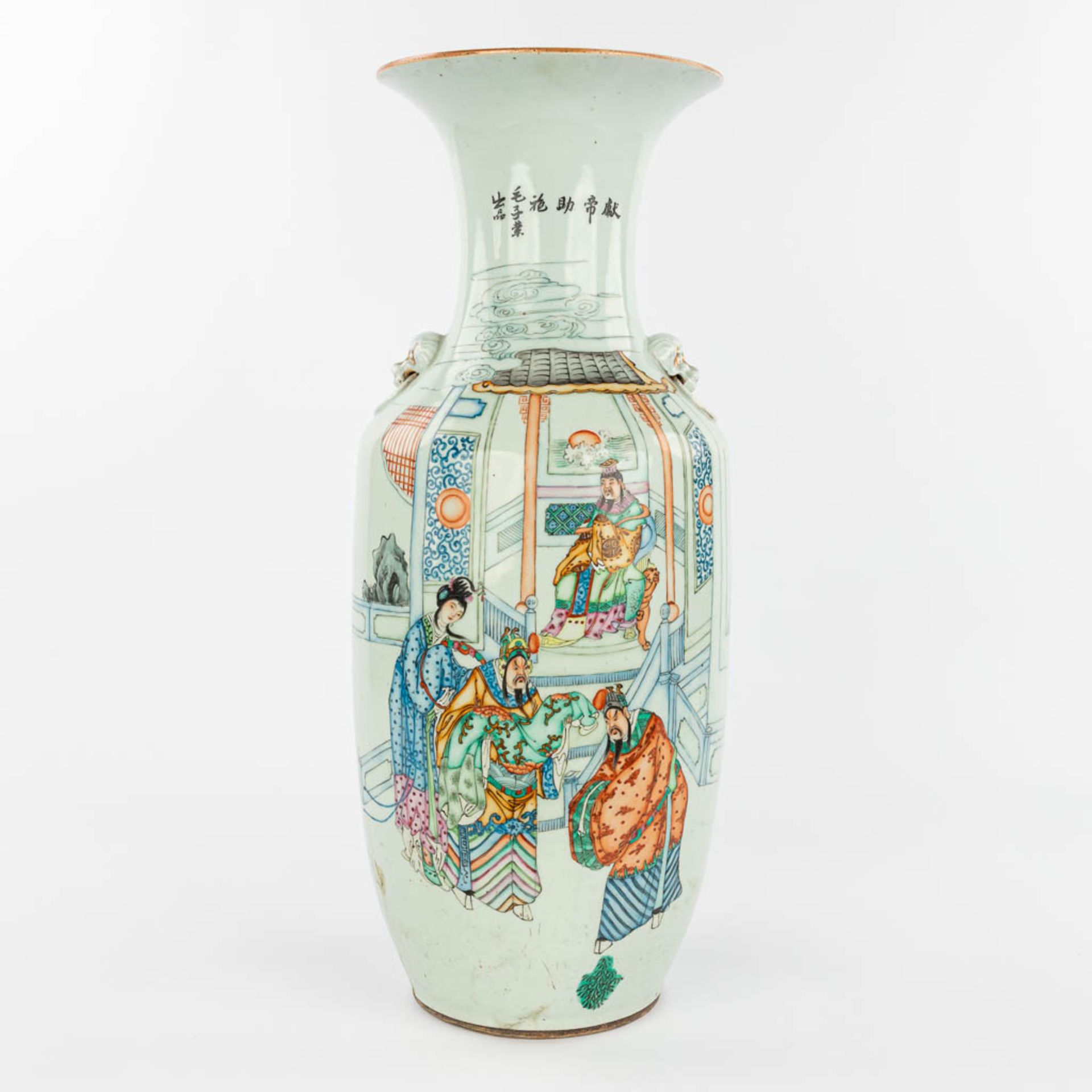 A Chinese vase made of porcelain and decorated with a temple scne and calligraphic texts. (H:57cm)