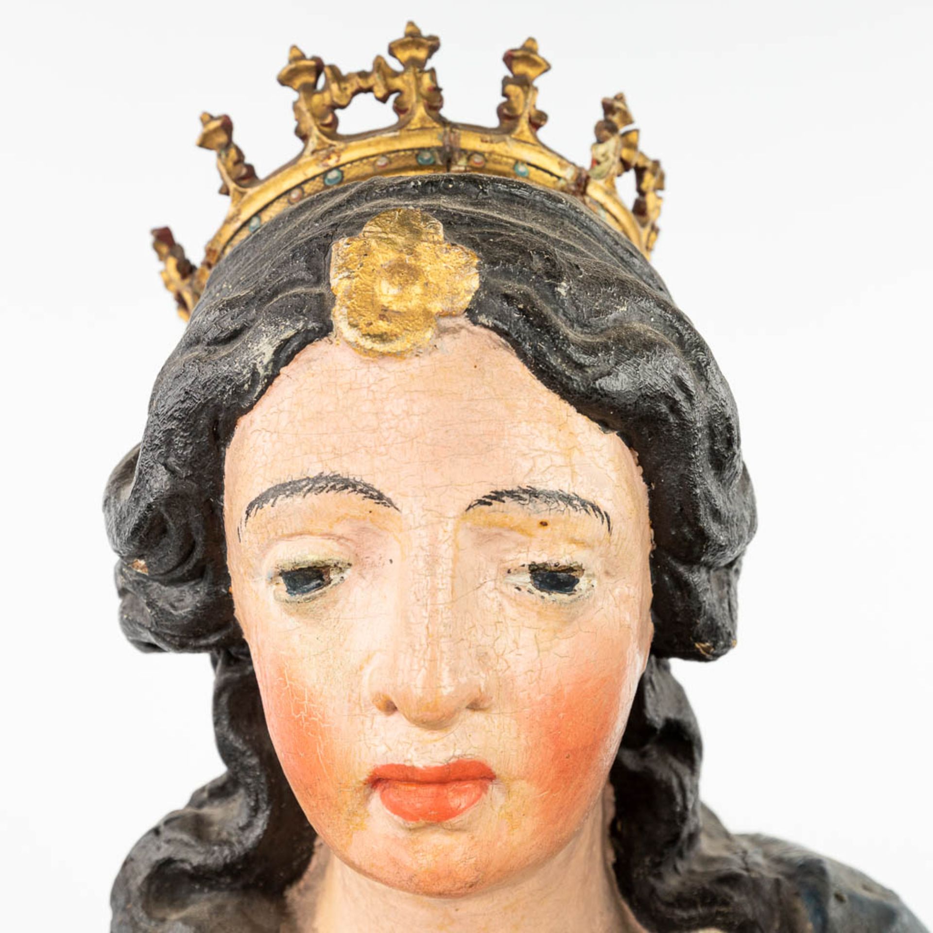 A patinated wood statue of Madonna with a child, standing on the serpent and half-moon. - Image 16 of 18