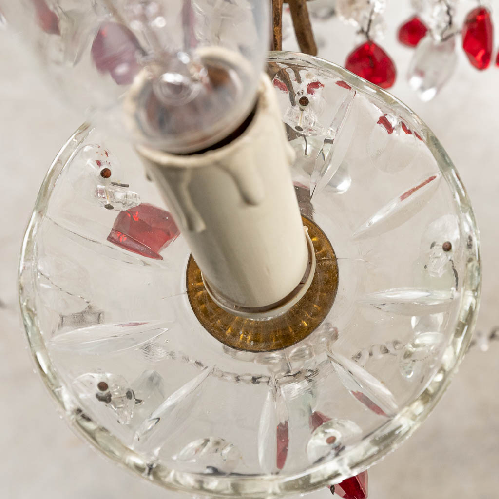 A decorative chandelier made of brass and decorated with white and red glass. (H:95cm) - Image 2 of 11