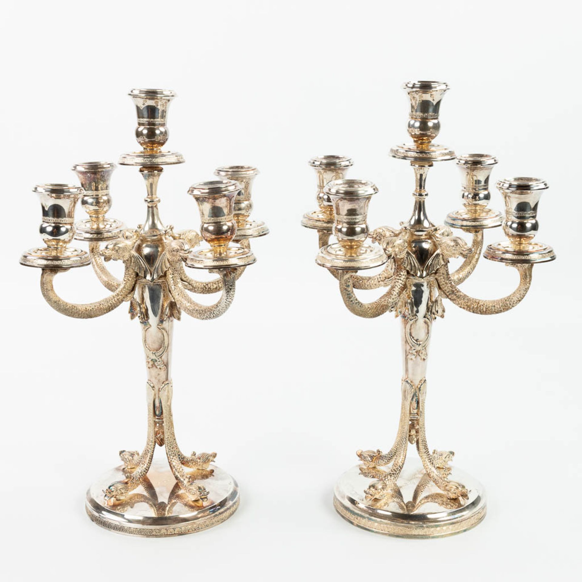 A pair of silver candelabra, decorated with mythological figurines. (H:41cm) - Image 4 of 13