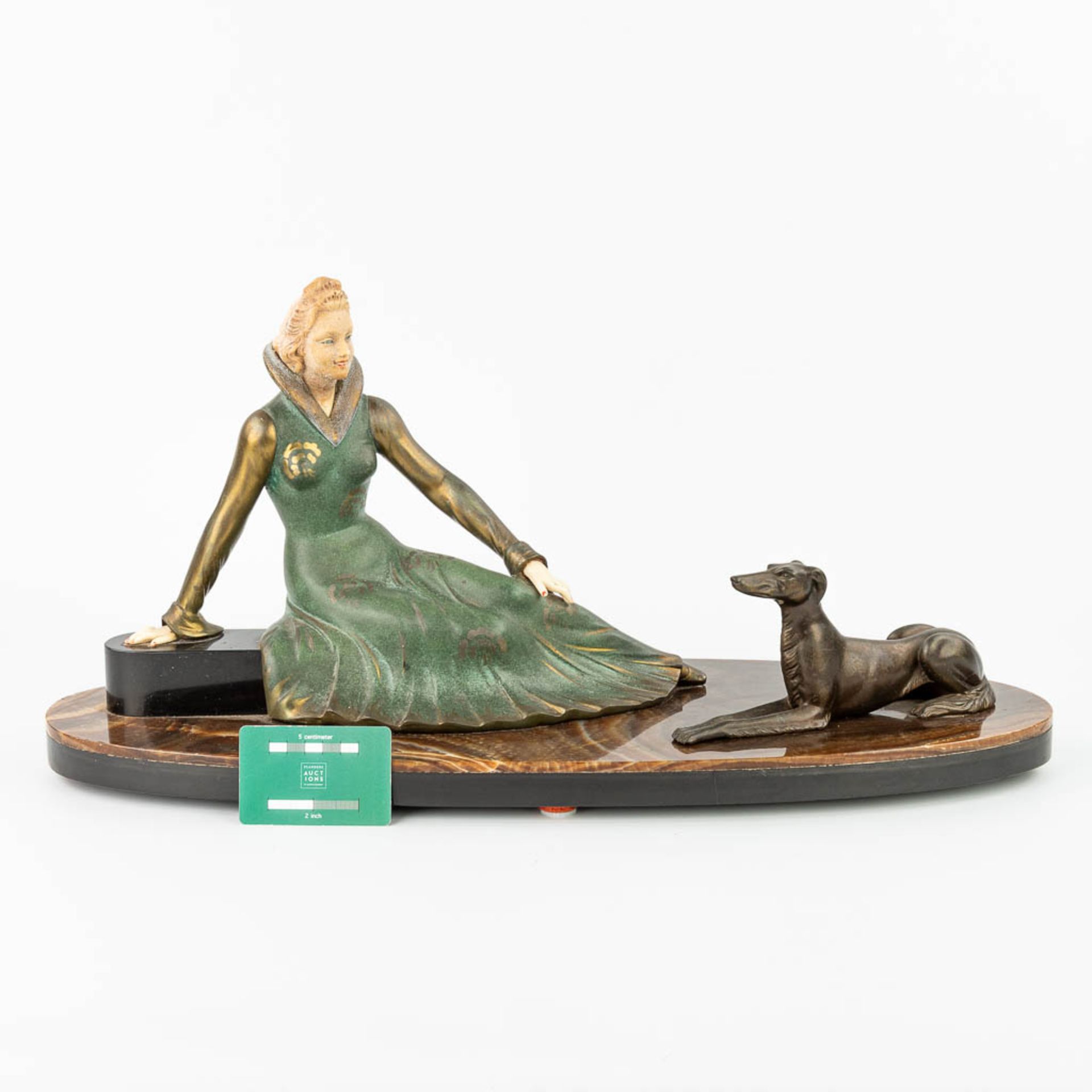 Salvatore MELANI (1902-1934) 'Lady with greyhound' an art deco statue made of spelter. (H:31cm) - Image 3 of 12