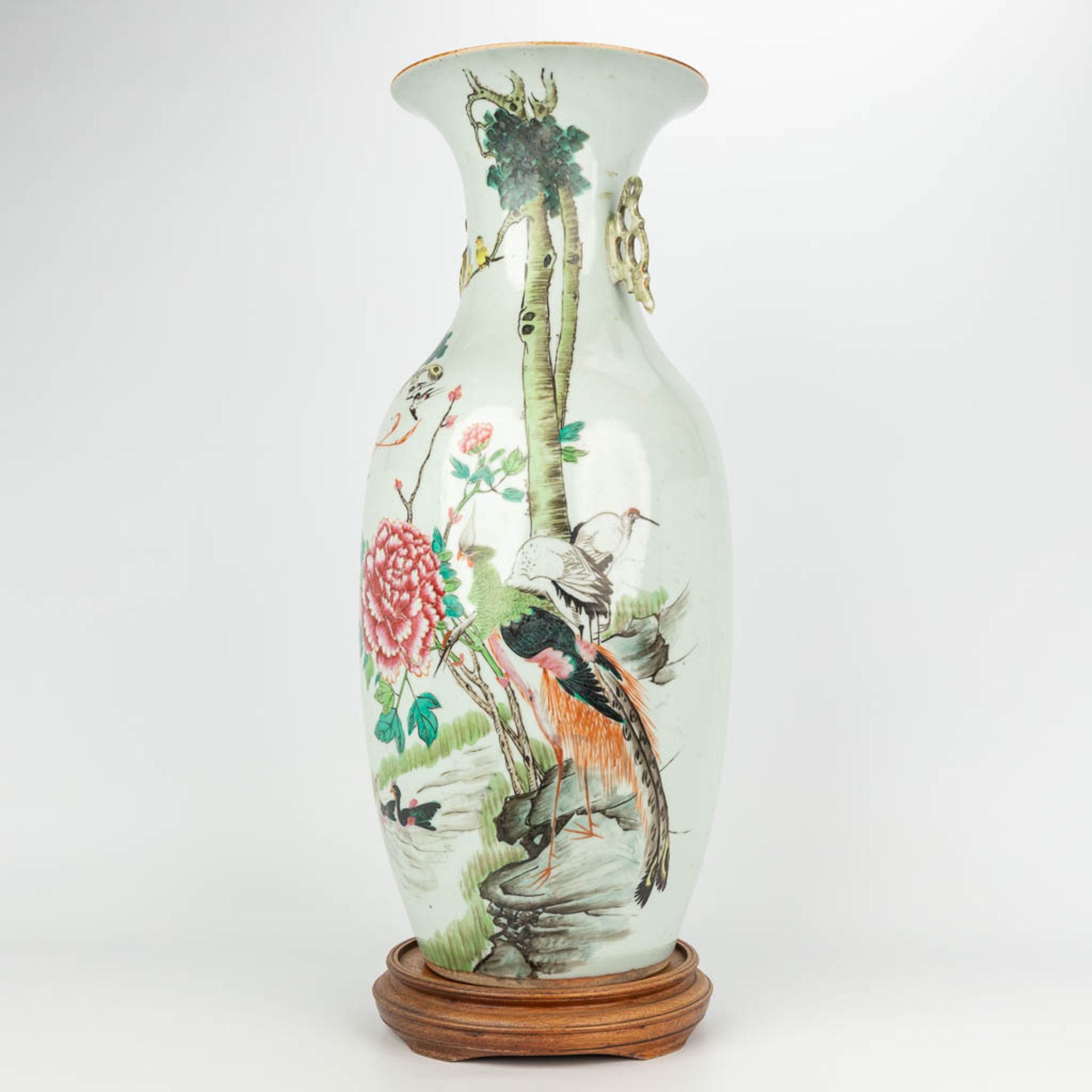 A Chinese vase made of porcelain, Famille rose and decorated with fauna and flora. (H:57cm) - Image 9 of 17