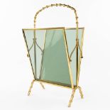 A faux bamboo newspaper holder, brass and glass, in the style of Jacques Adnet. (H:57cm)