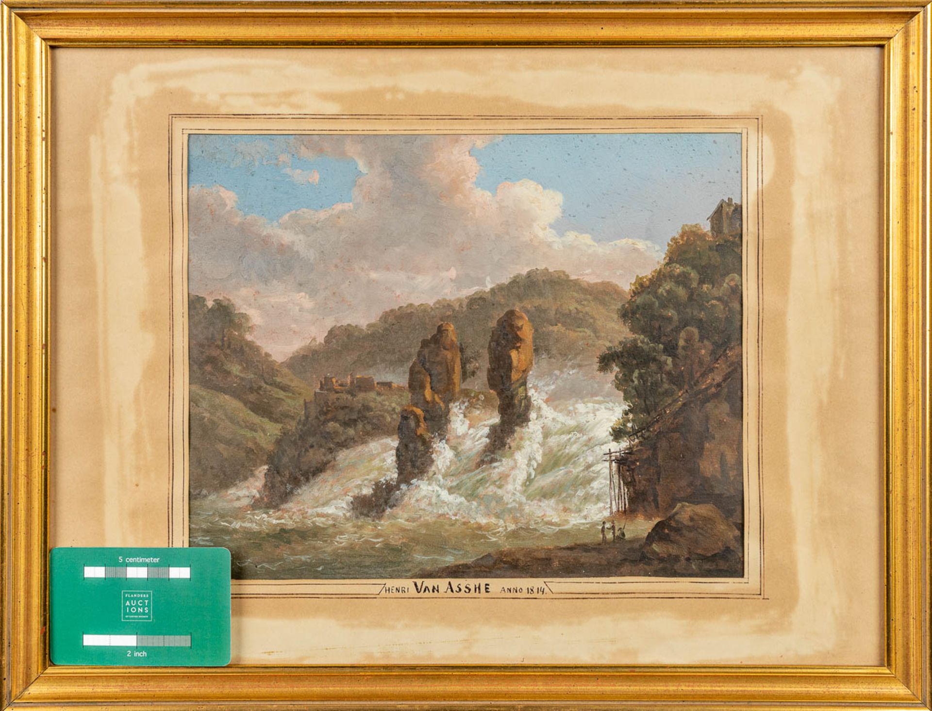Henri VAN ASSCHE (1774-1841) 'The Waterfall' a painting, oil on paper. (26 x 20 cm) - Image 4 of 7