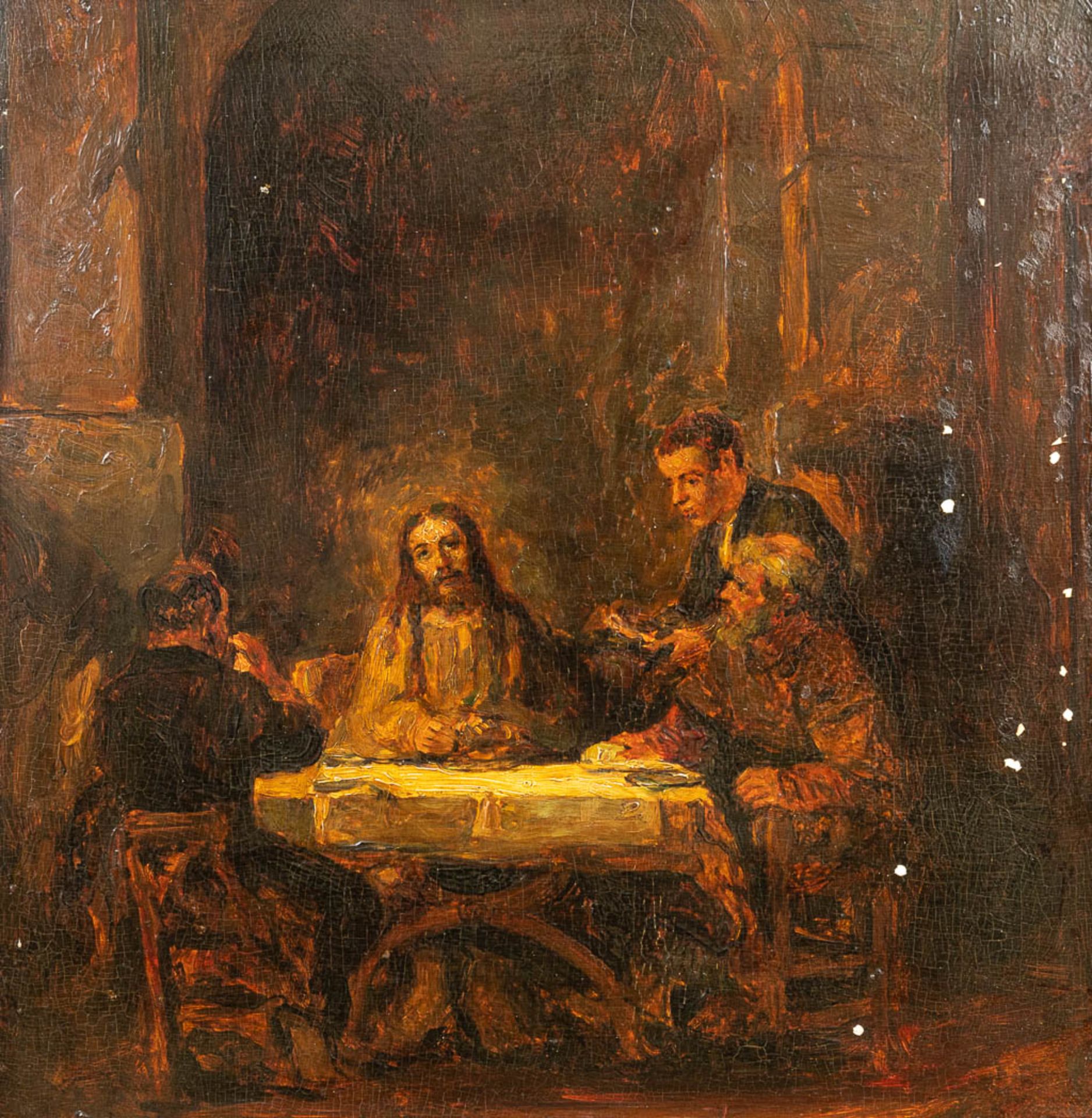 No signature found, 'The Supper at Emmaus' a painting, oil on panel. After Rembrandt Van Rijn