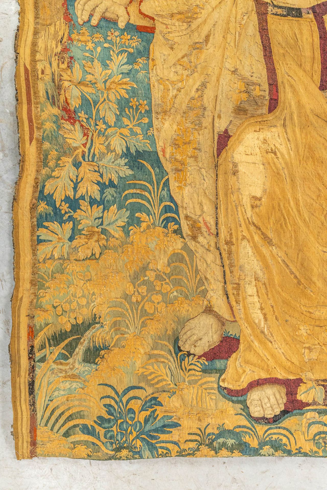 A biblical fragment of a tapestry, with 2 figurines. Made in Flanders. (H:295cm) - Image 9 of 10