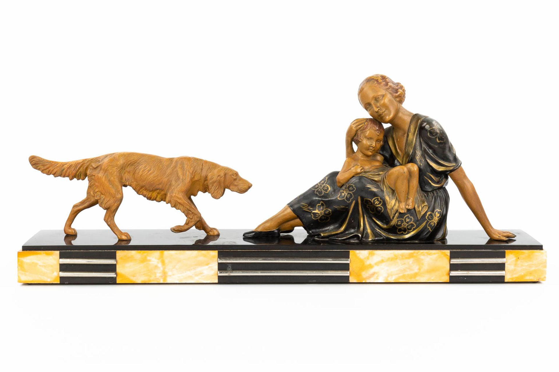 An art deco style statue of a woman with child and her dog, made of spelter and mounted on a marble - Image 12 of 12