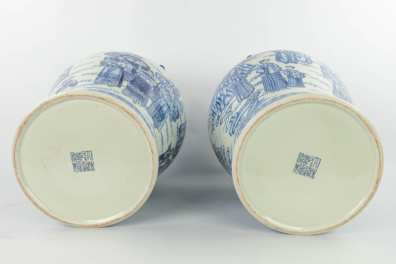 A pair of large Chinese vases with lid, made of blue-white porcelain with the emperor, dragons and w - Image 3 of 15
