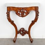 Een small console table with white marble top, made of sculptured wood in Louis Phillippe style. (H: