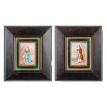 A pair of hand-painted enamel plaques mounted in ebonised wood frames, marked Roy. (H:15,5cm)