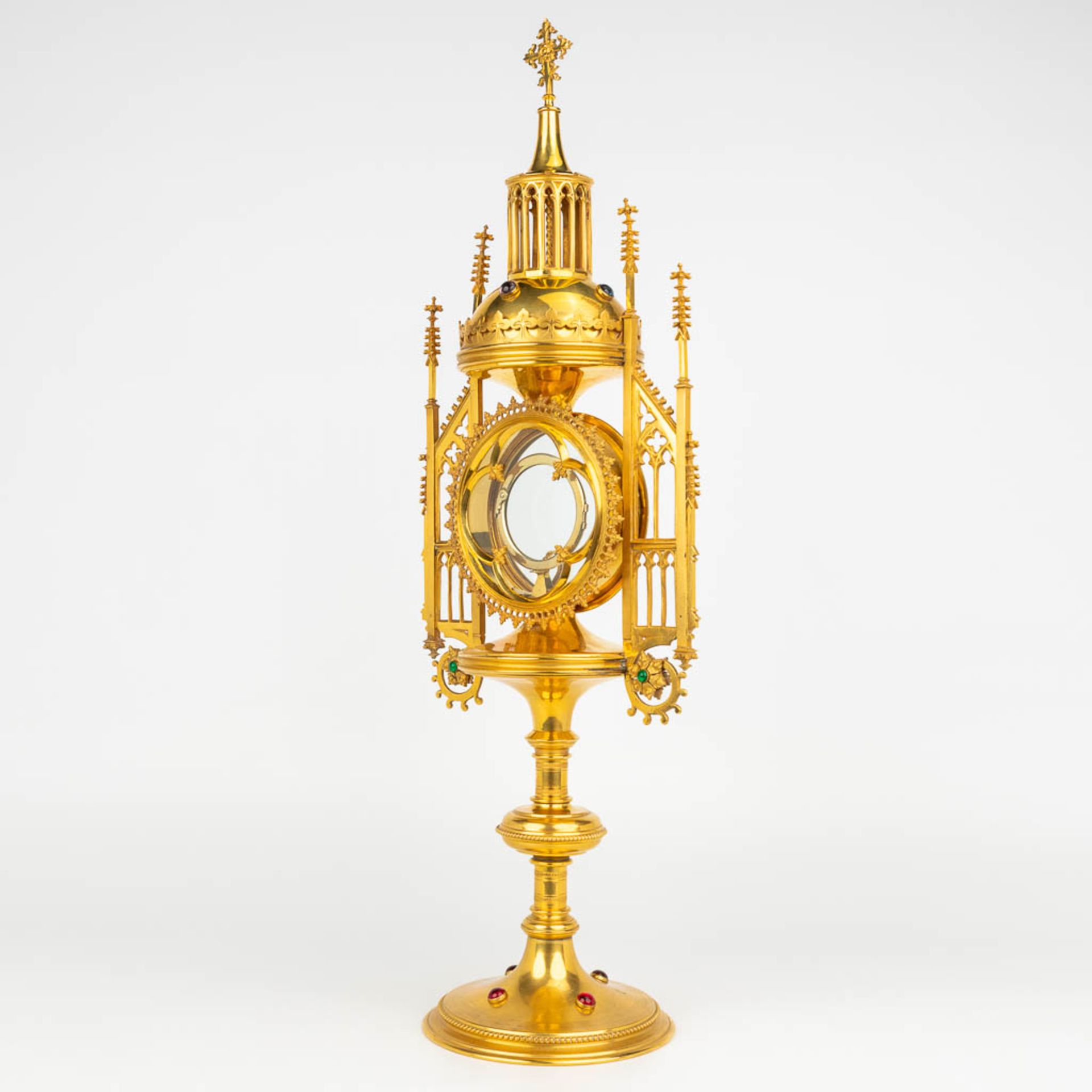 An antique tower monstrance, gothic revival and decorated with cabochons. (H:54,5cm) - Bild 4 aus 14