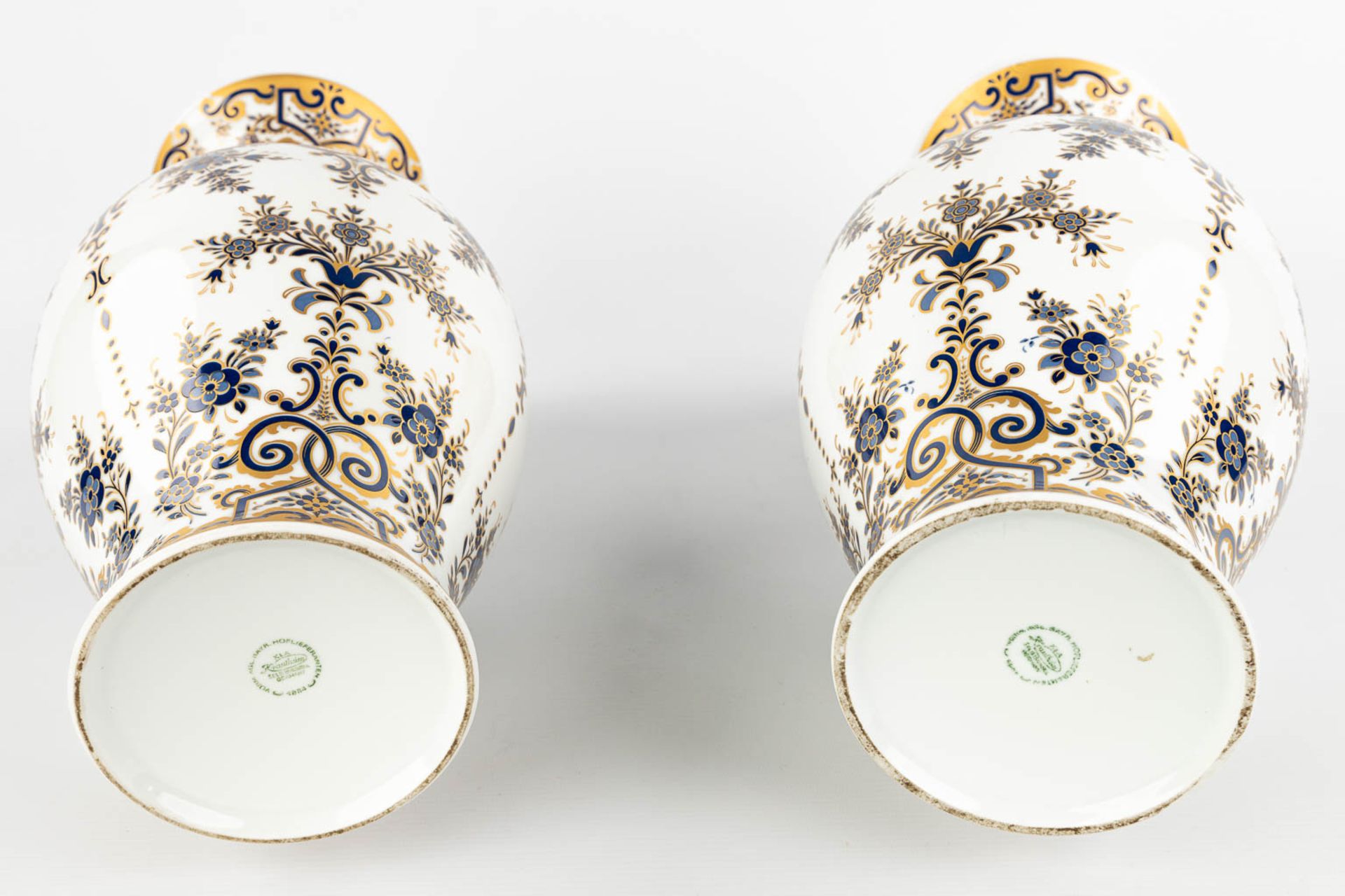 A pair of white porcelain vases with blue and gold decor marked Krautheim Bavaria and made in German - Image 7 of 13