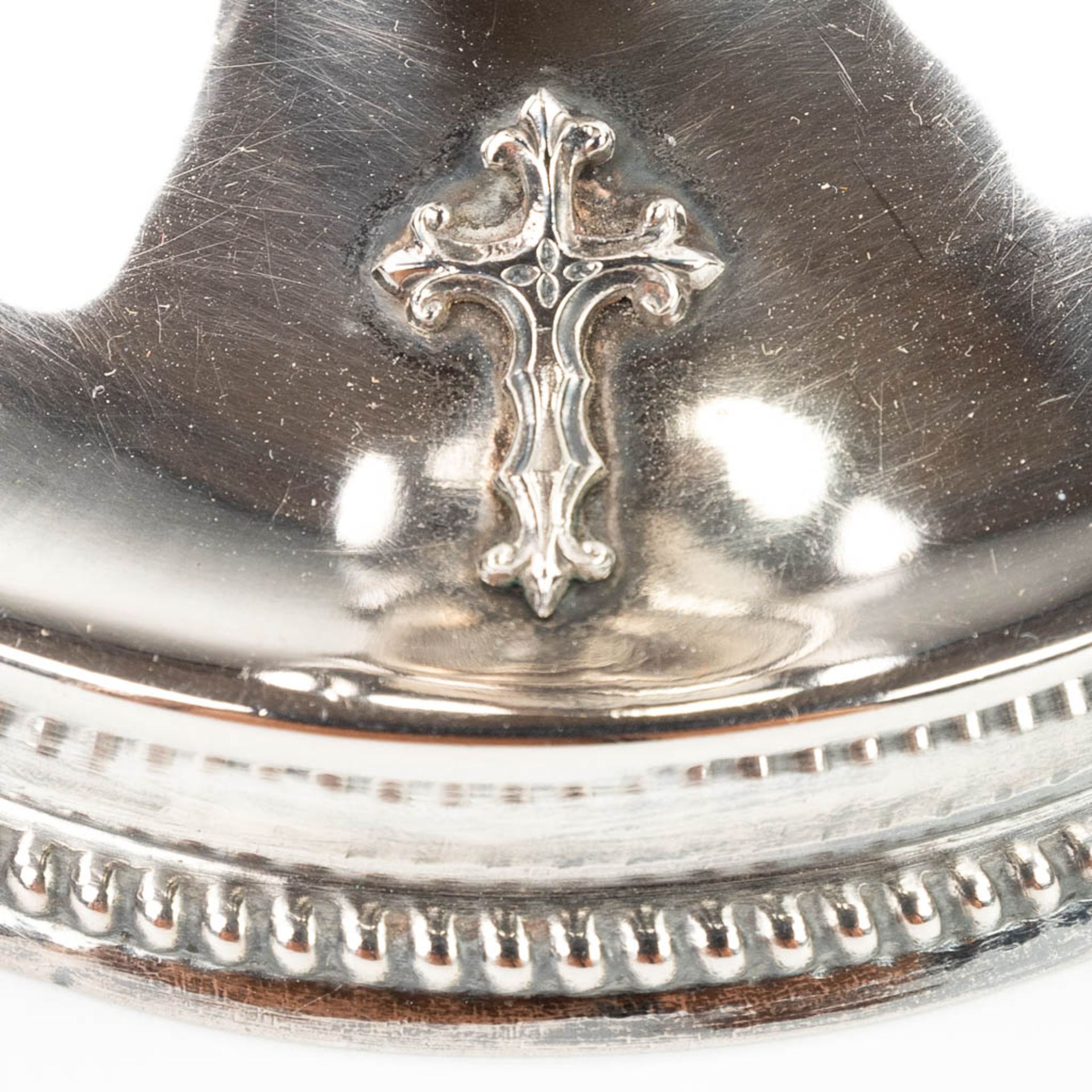 A French gothic revival silver chalice, with a paten and spoon. (H:21cm) - Image 6 of 11