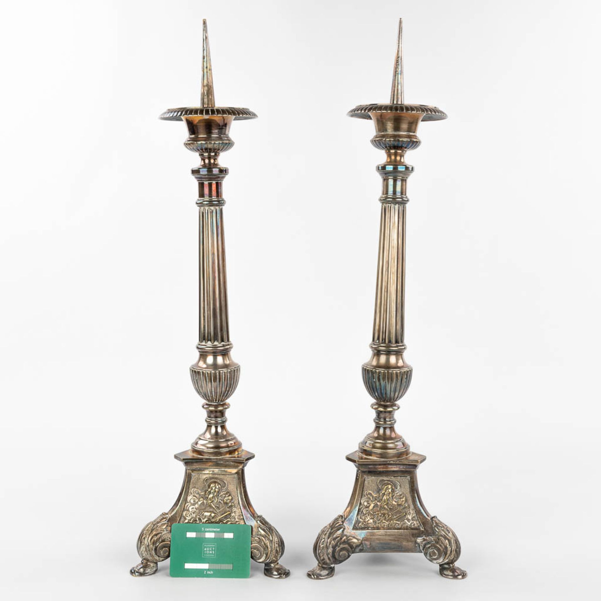 A pair of silver-plated candlesticks decorated with images of holy figurines. (H:59cm) - Image 2 of 11